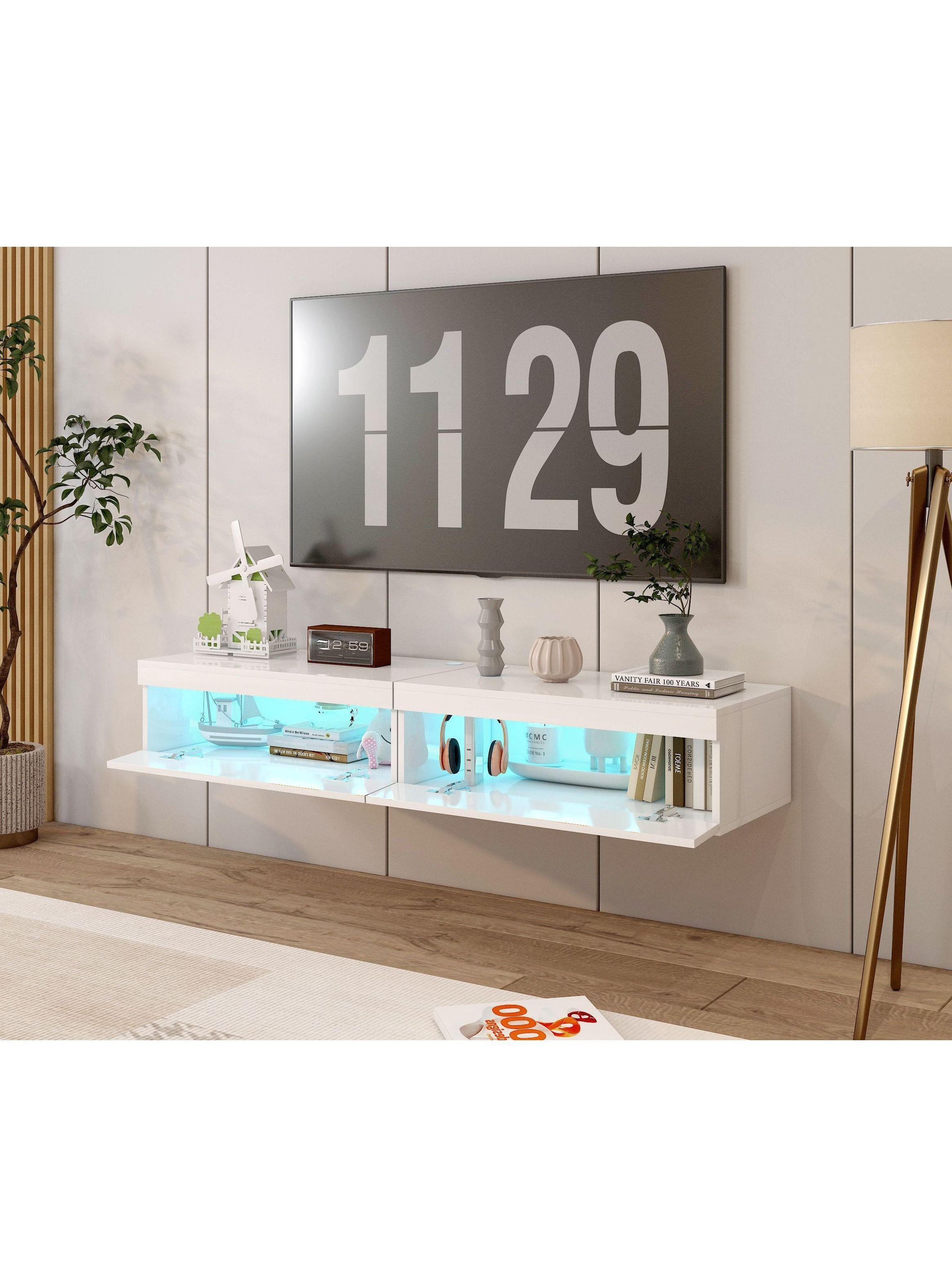 Rack Tv 160x40x30cm Con Luz Variable Melamina Alto Brillo Blanco-8