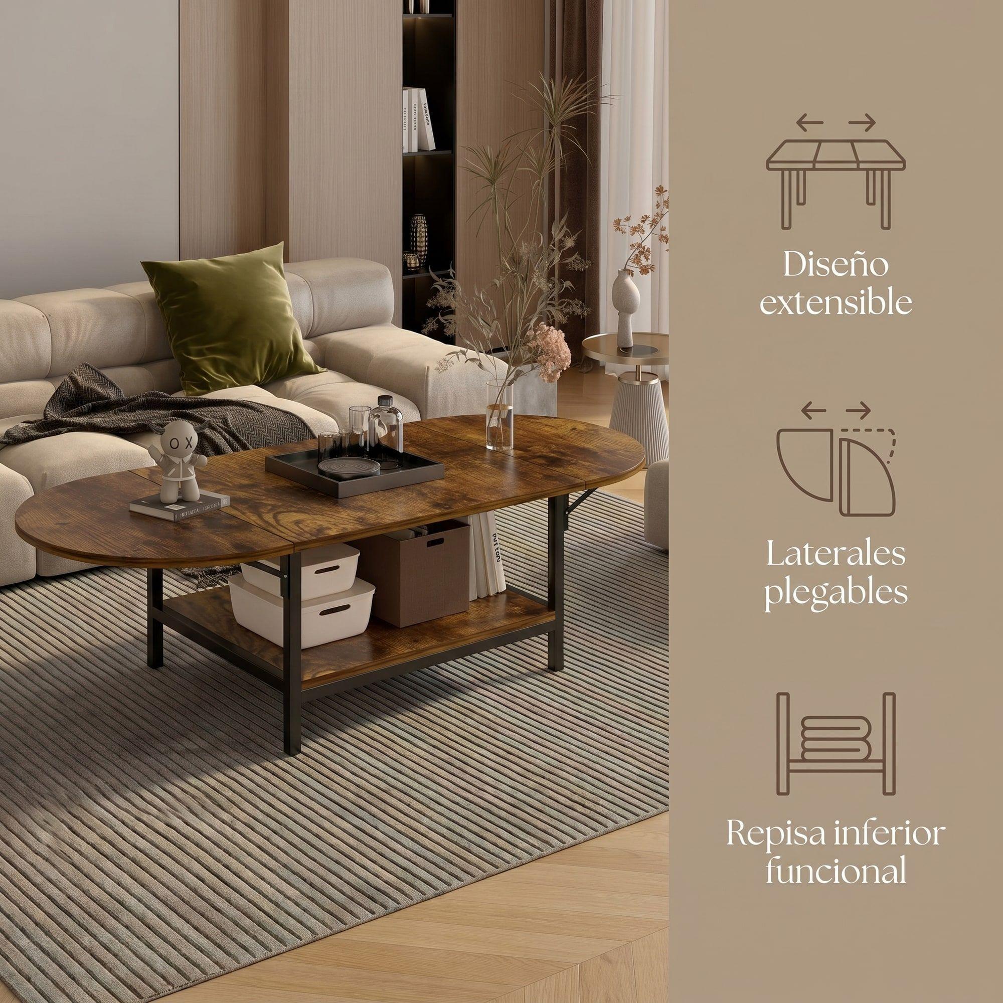 Mesa De Centro Plegable Minimalista Ancho 60-120 Cm Marrón Oscuro-1