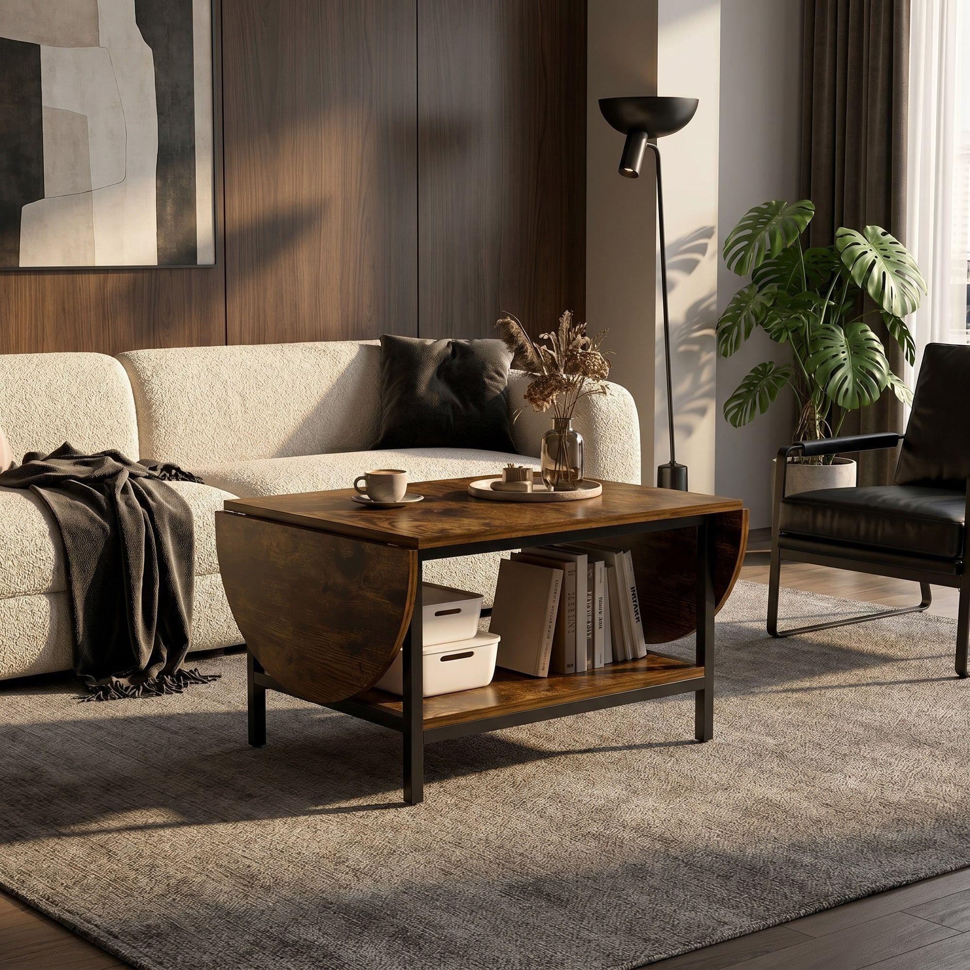 Mesa De Centro Plegable Minimalista Ancho 60-120 Cm Marrón Oscuro-3