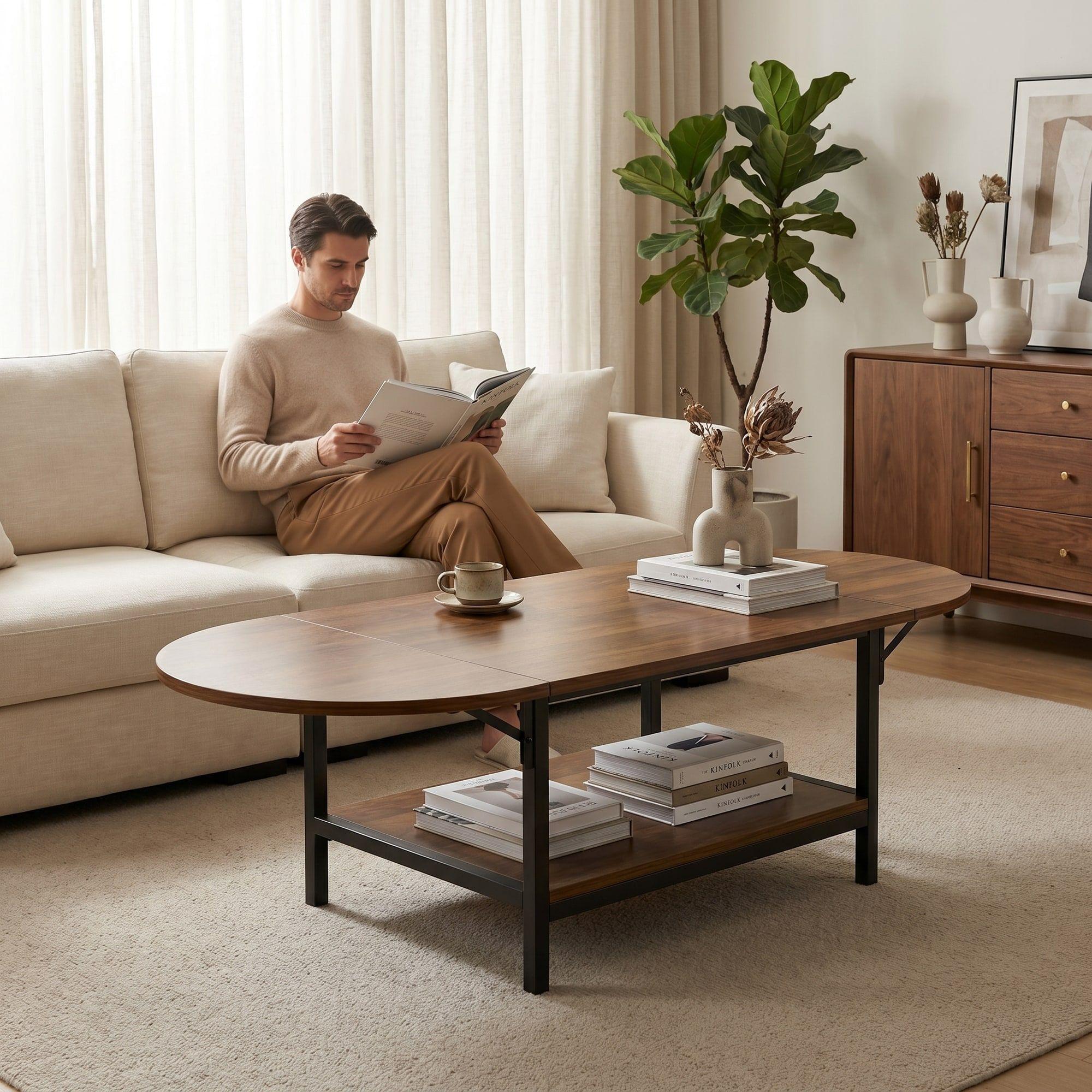 Mesa De Centro Plegable Minimalista Ancho 60-120 Cm Marrón Oscuro-6
