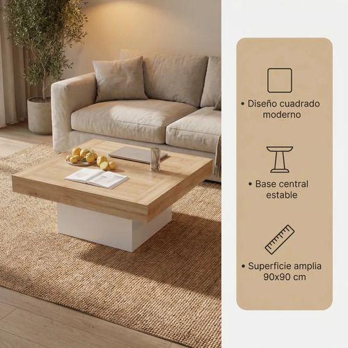 Mesa De Centro Minimalista Con Cubierta De Melamina 90x90cm Color Marrón Claro-1