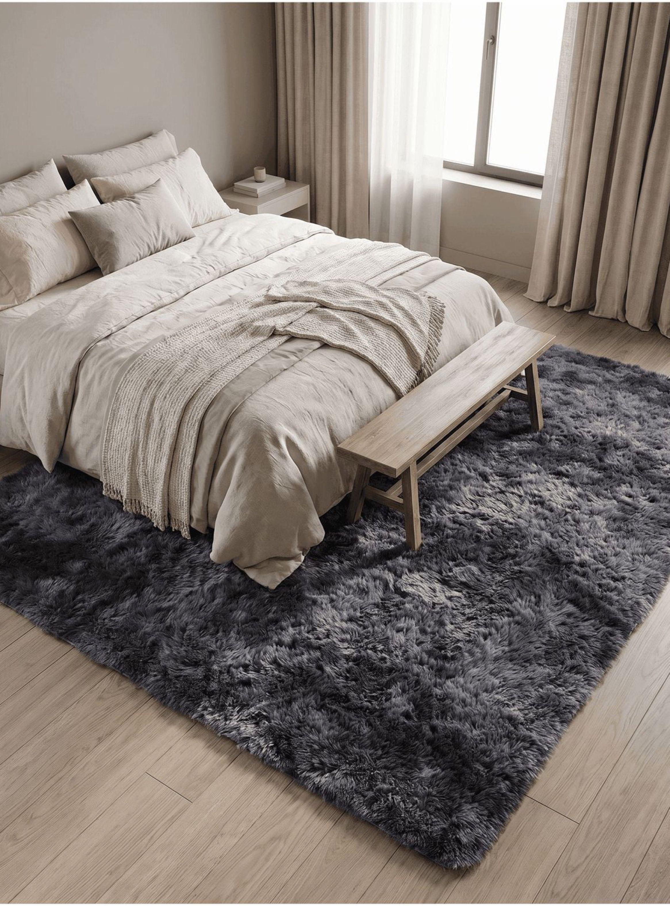 Alfombra 180x200cm Peluda Super Suave para living bajada de cama gris oscuro-4