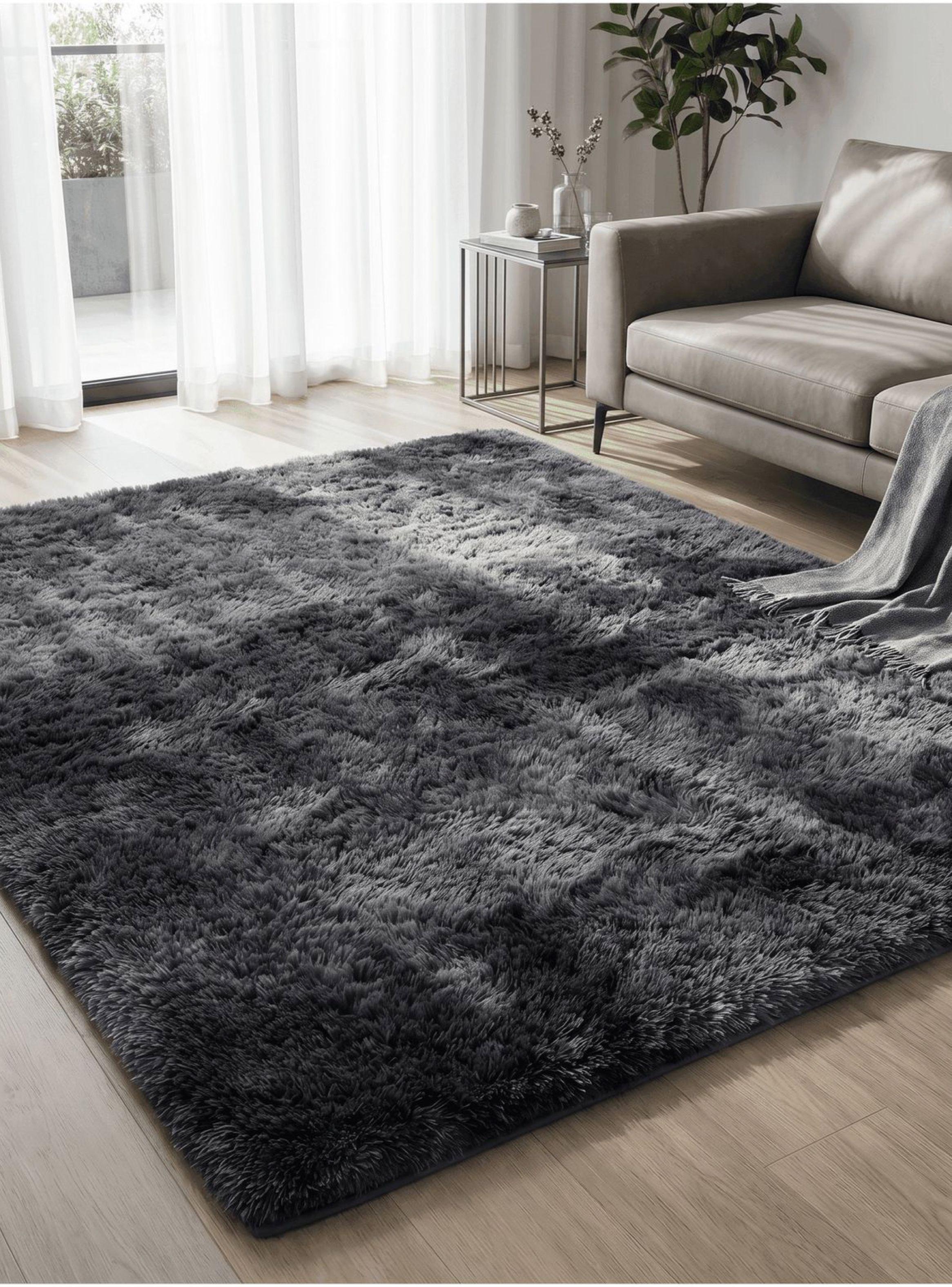 Alfombra 180x200cm Peluda Super Suave para living bajada de cama gris oscuro-6
