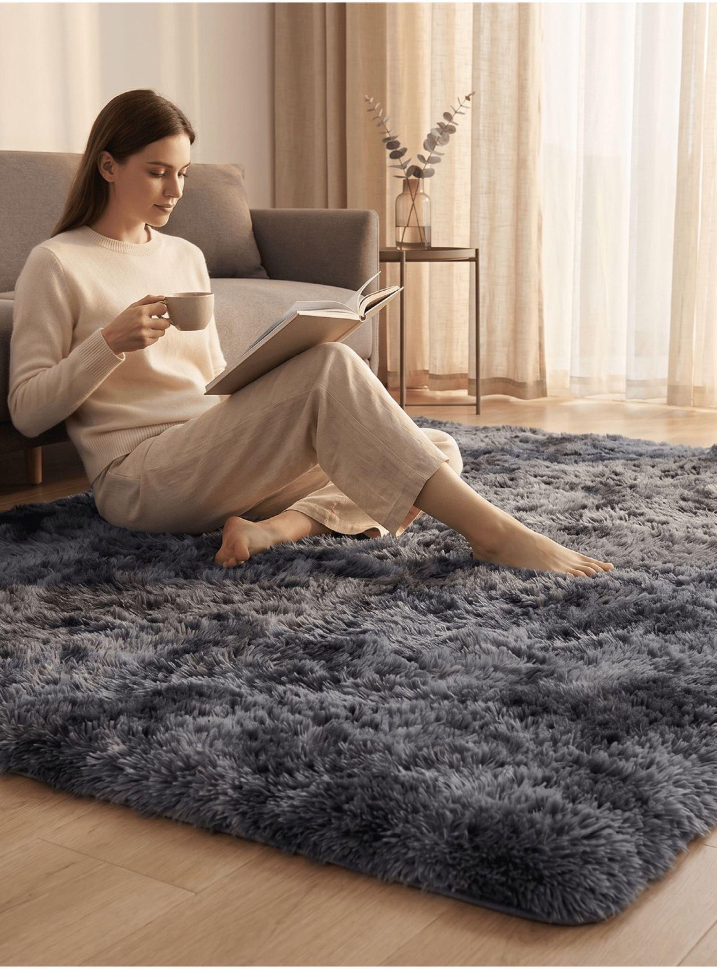 Alfombra 180x200cm Peluda Super Suave para living bajada de cama gris oscuro-7