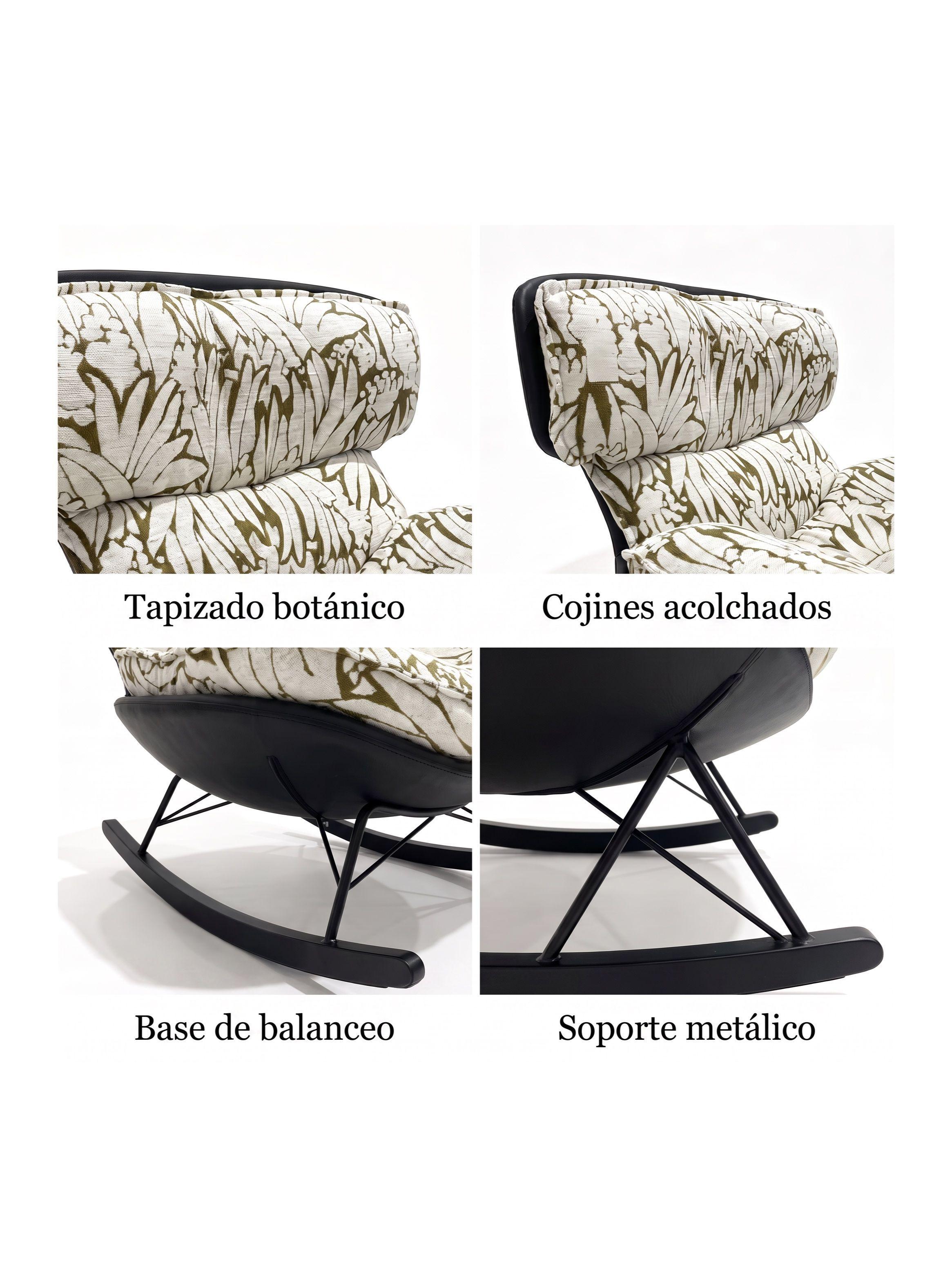 Sillón Olivia Mecedor Jacquard Botánico 2 Rieles Metálicos Verde Floreado-3