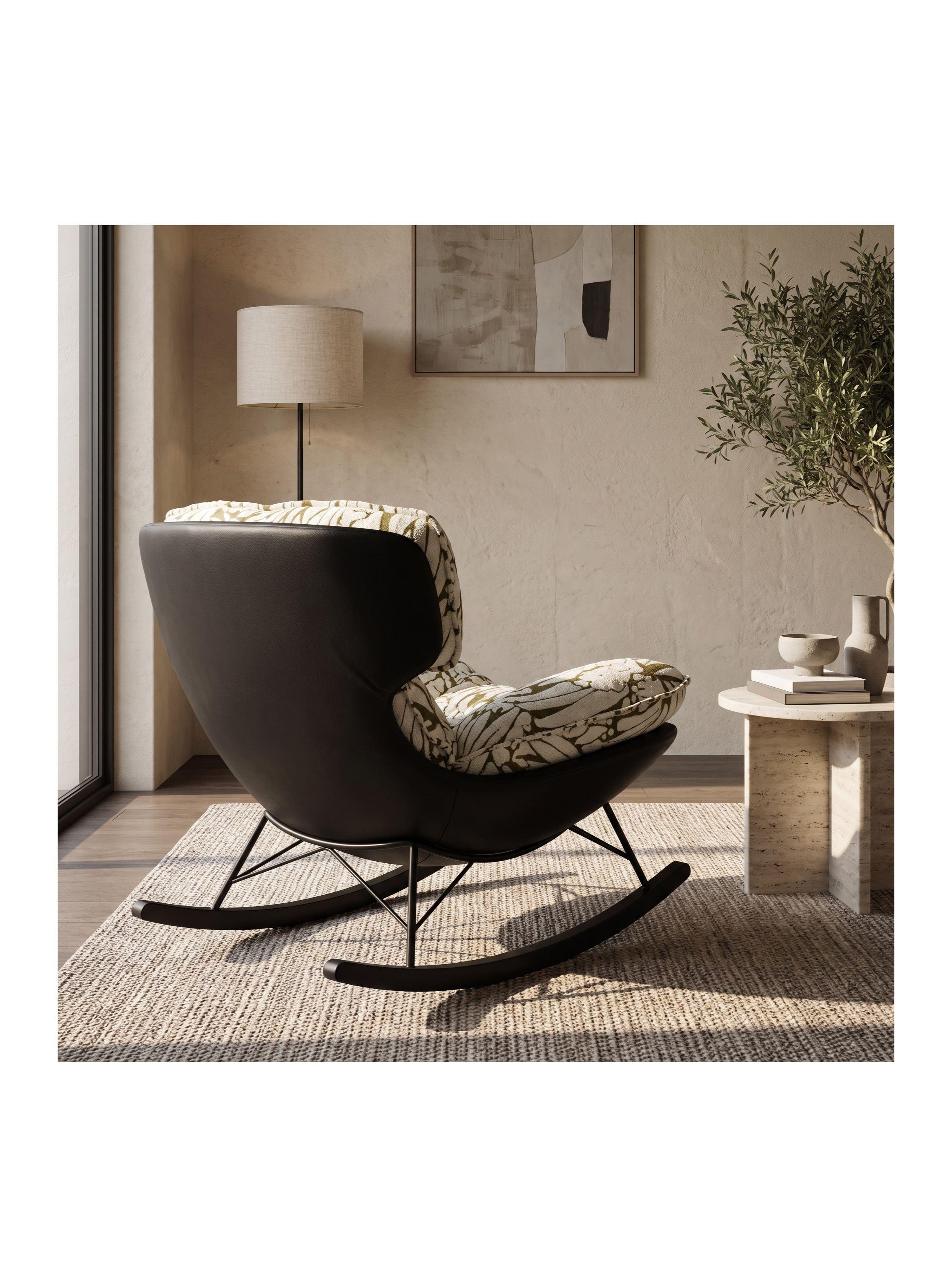 Sillón Olivia Mecedor Jacquard Botánico 2 Rieles Metálicos Verde Floreado-4