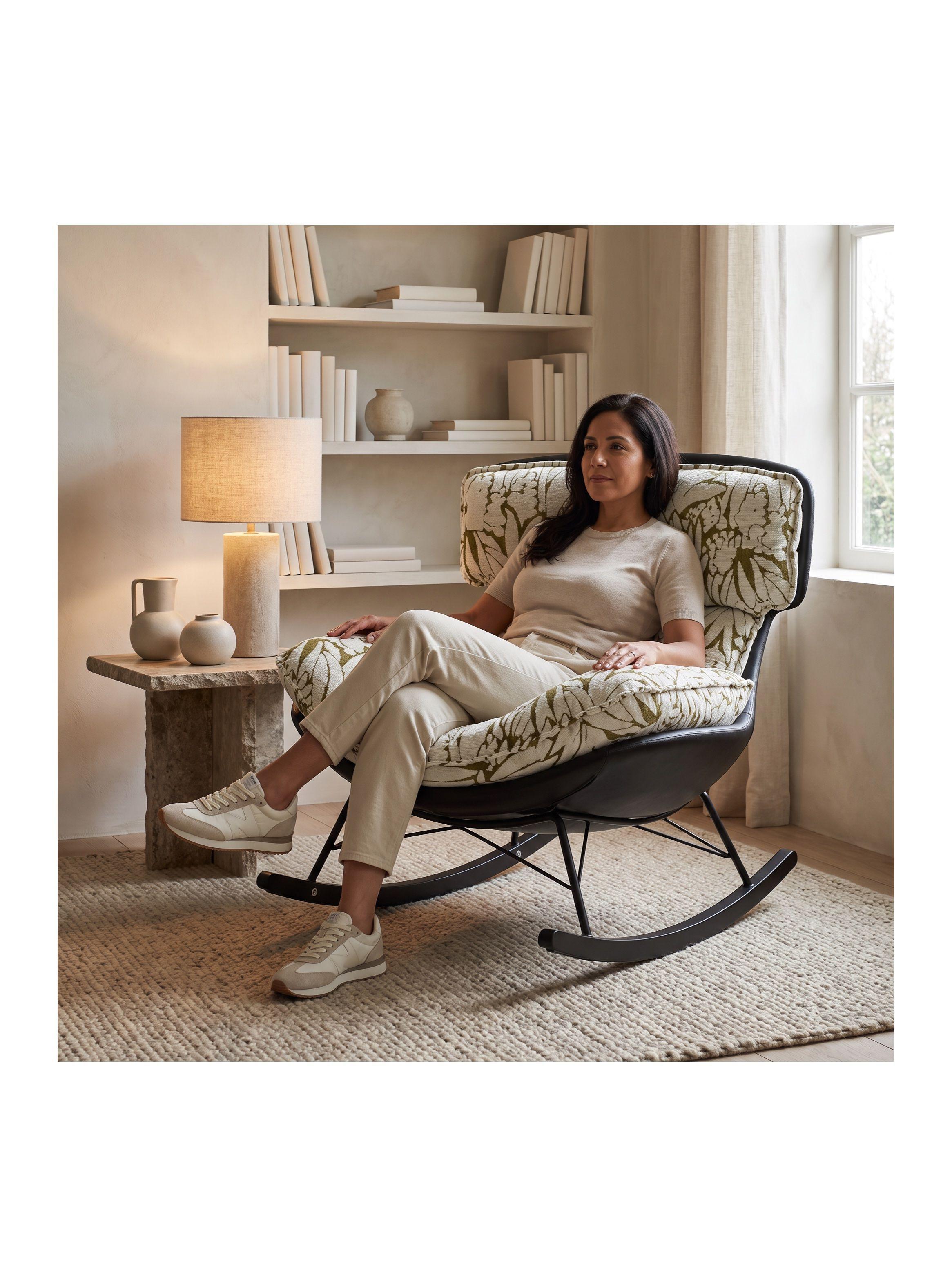 Sillón Olivia Mecedor Jacquard Botánico 2 Rieles Metálicos Verde Floreado-5