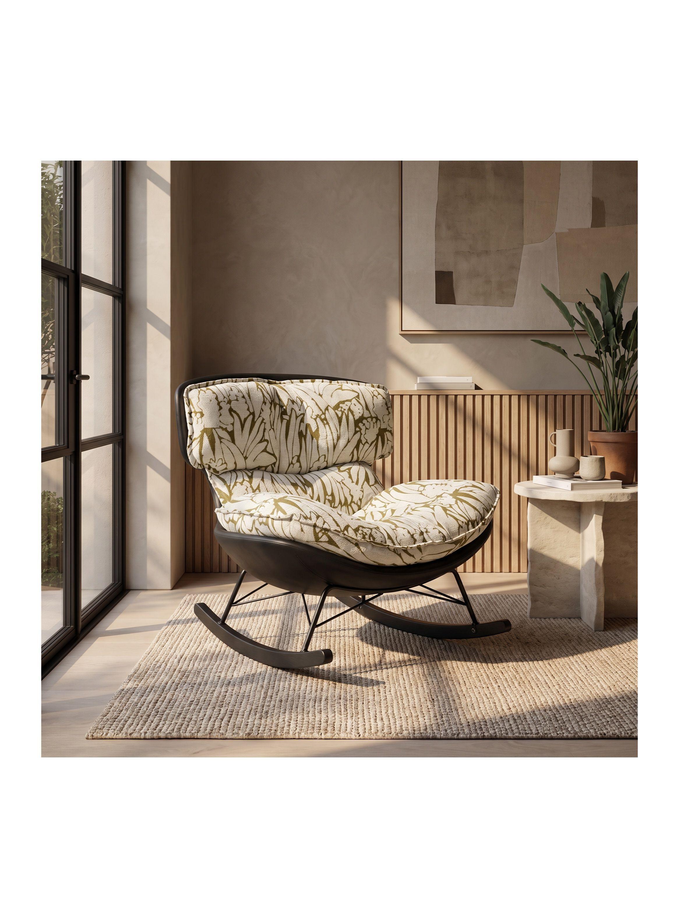 Sillón Olivia Mecedor Jacquard Botánico 2 Rieles Metálicos Verde Floreado-6