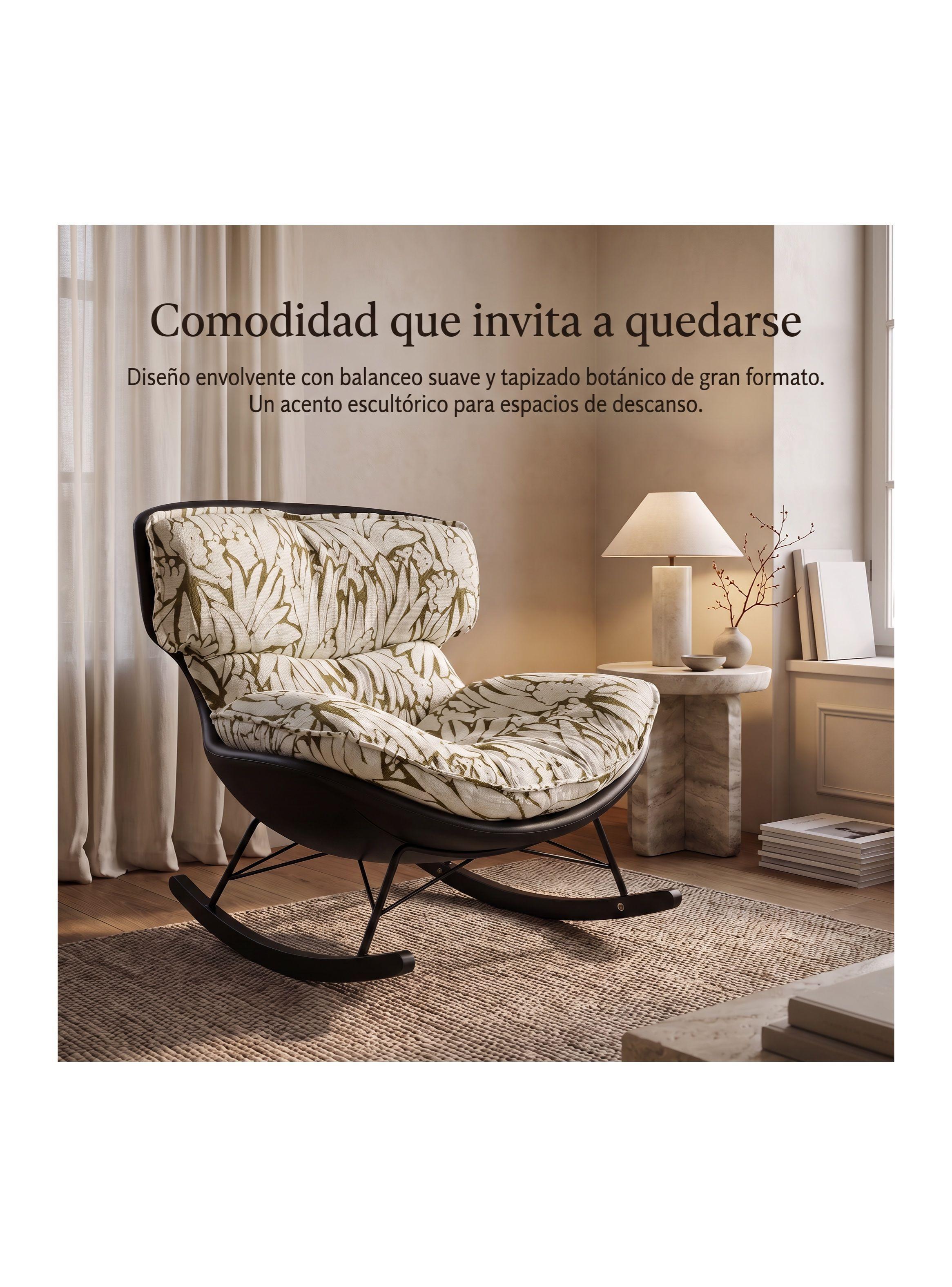 Sillón Olivia Mecedor Jacquard Botánico 2 Rieles Metálicos Verde Floreado-7