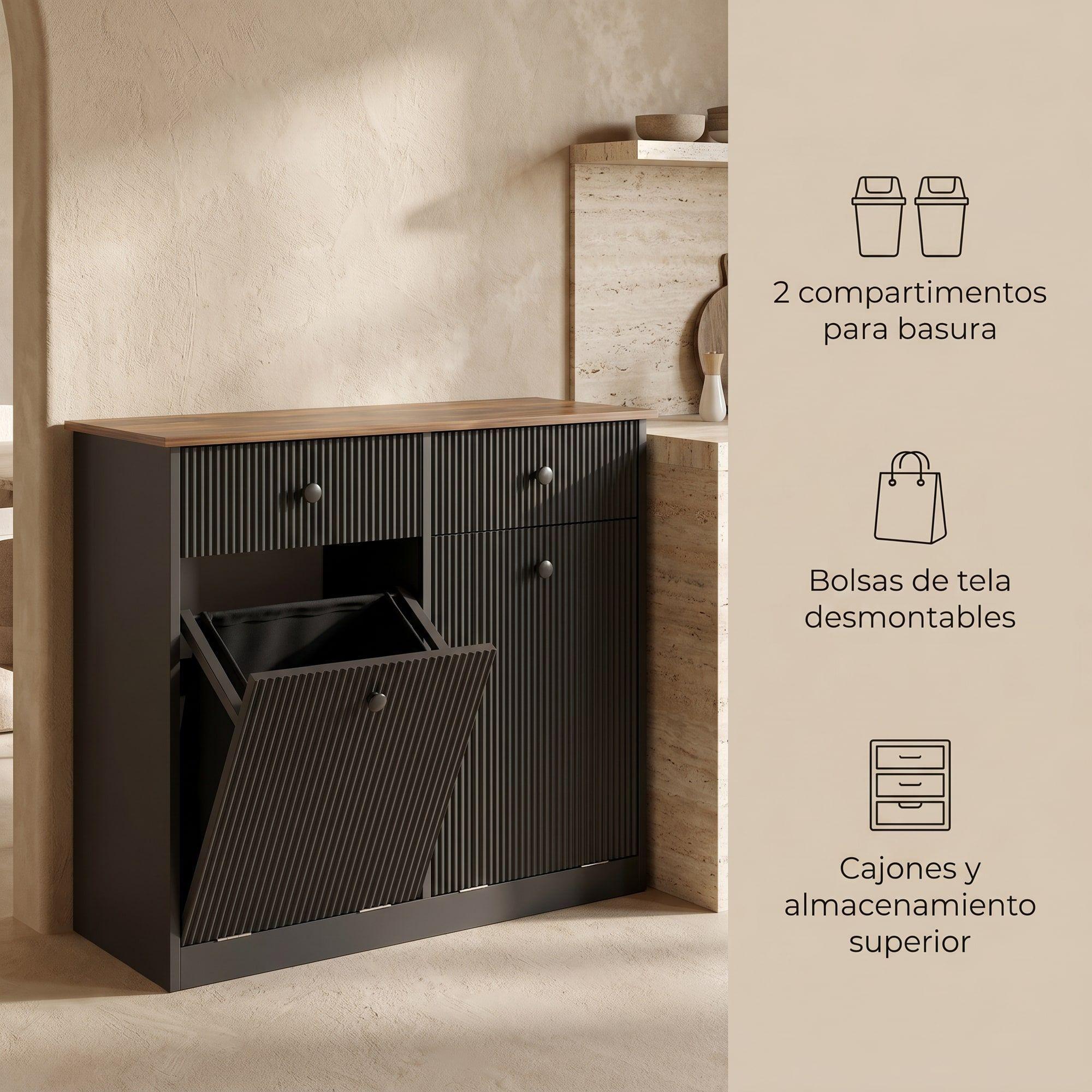 Mueble Cocina Depensa Aparador Comedor 2 Cestos Basurero Negro-2