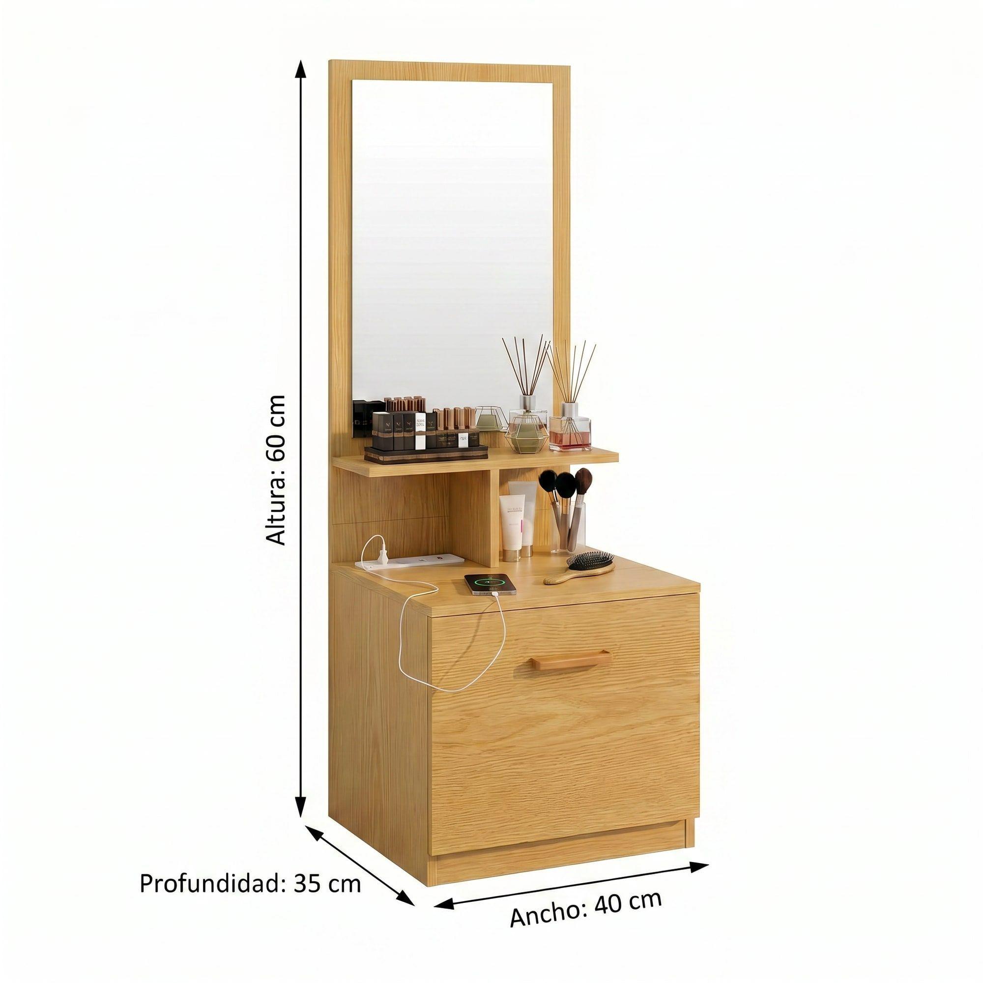 Velador Con Espejo Repisa Y Cajon Grande 170cm Con Enchufe Mate Marrón Claro-2
