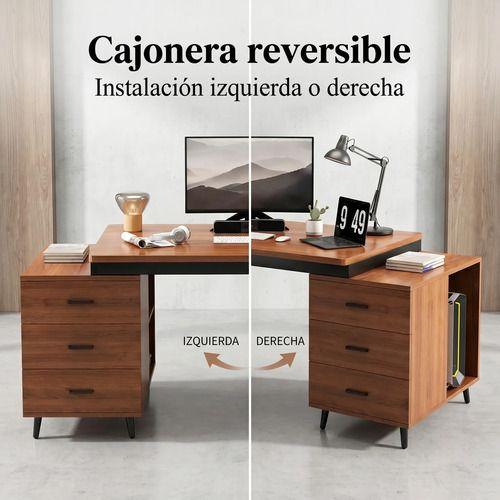 Escritorio Moderno Con Cajoneras 140x60x75cm Para Oficina Marrón Oscuro-4