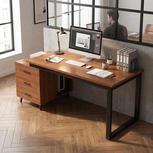 Escritorio Moderno Con Cajoneras 140x60x75cm Para Oficina Marrón Oscuro-5