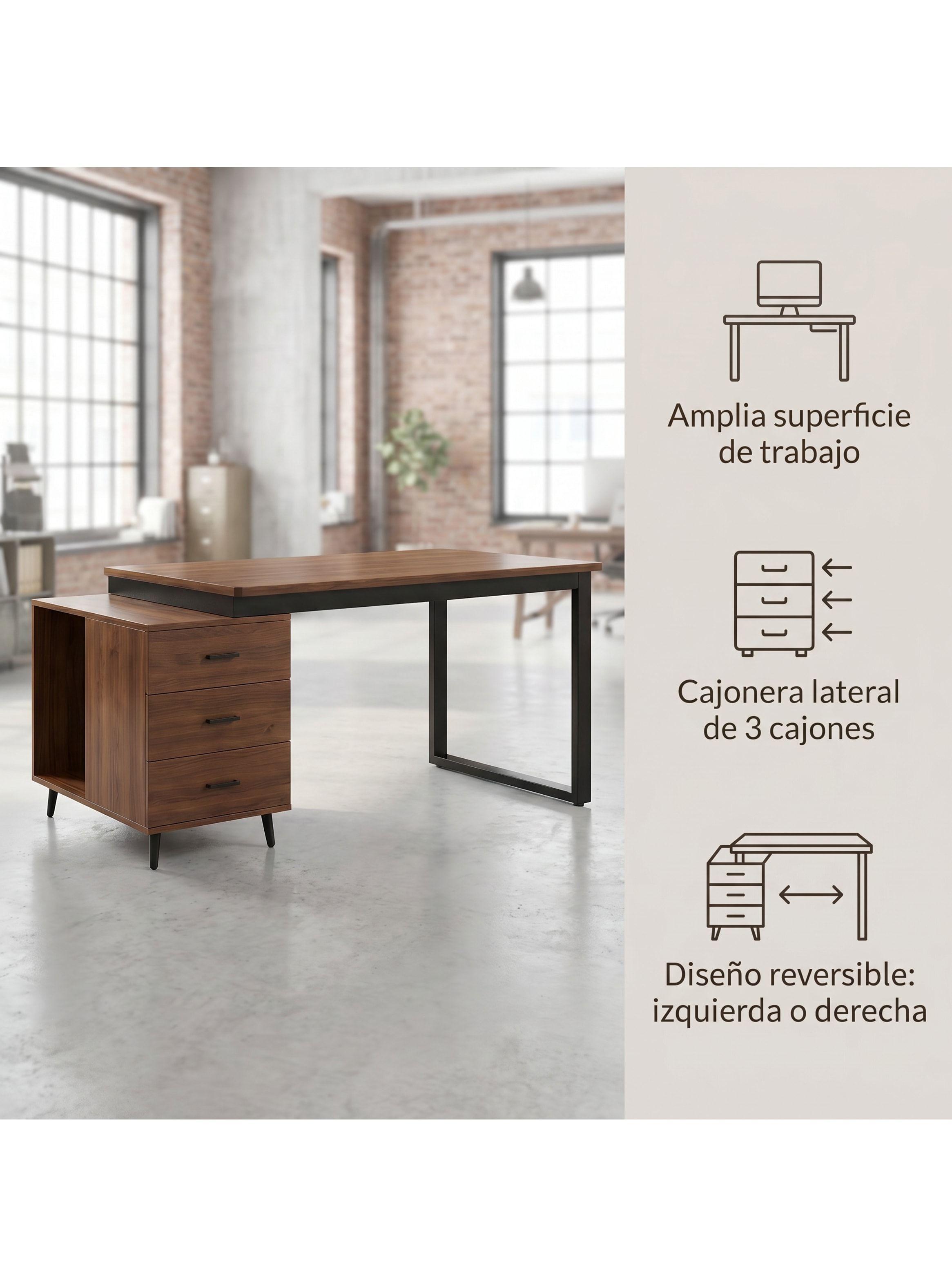 Escritorio Moderno Con Cajoneras 140x60x75cm Para Oficina Marrón Oscuro-1