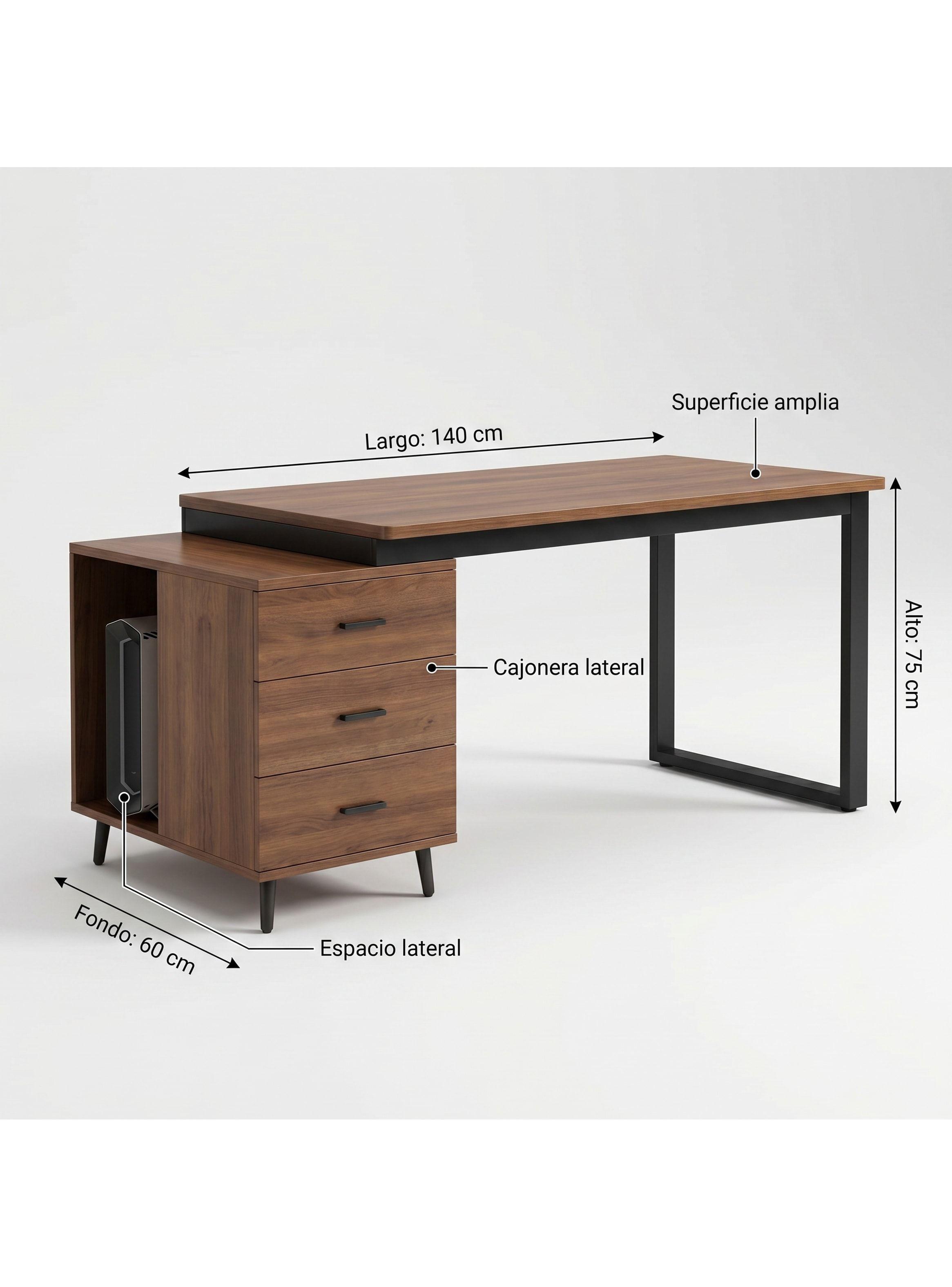 Escritorio Moderno Con Cajoneras 140x60x75cm Para Oficina Marrón Oscuro-2