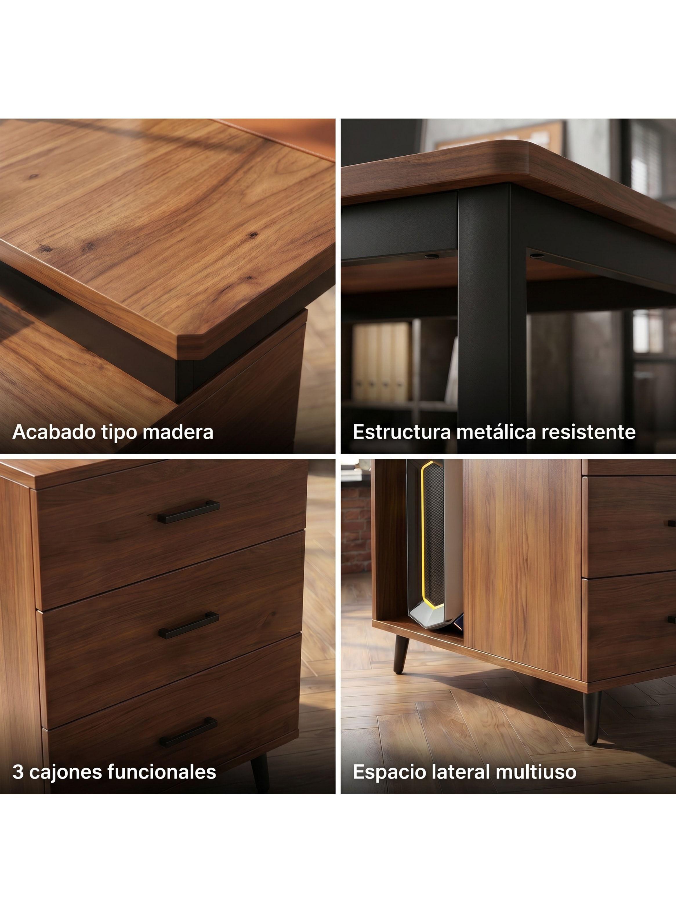Escritorio Moderno Con Cajoneras 140x60x75cm Para Oficina Marrón Oscuro-3