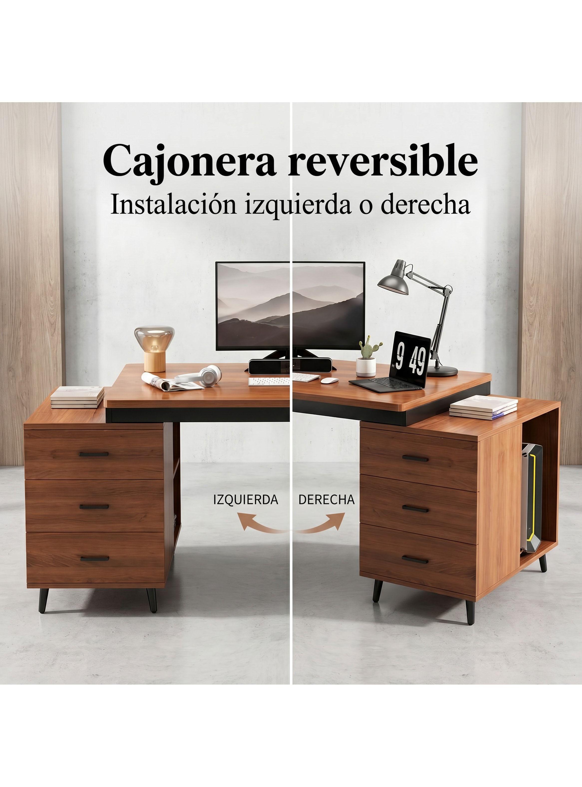 Escritorio Moderno Con Cajoneras 140x60x75cm Para Oficina Marrón Oscuro-4