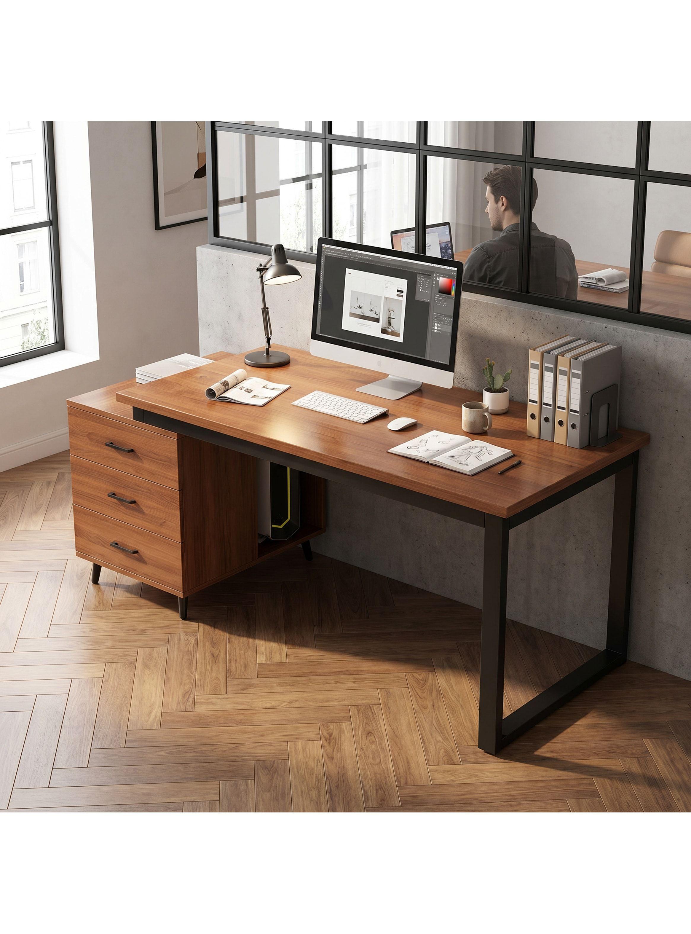 Escritorio Moderno Con Cajoneras 140x60x75cm Para Oficina Marrón Oscuro-5