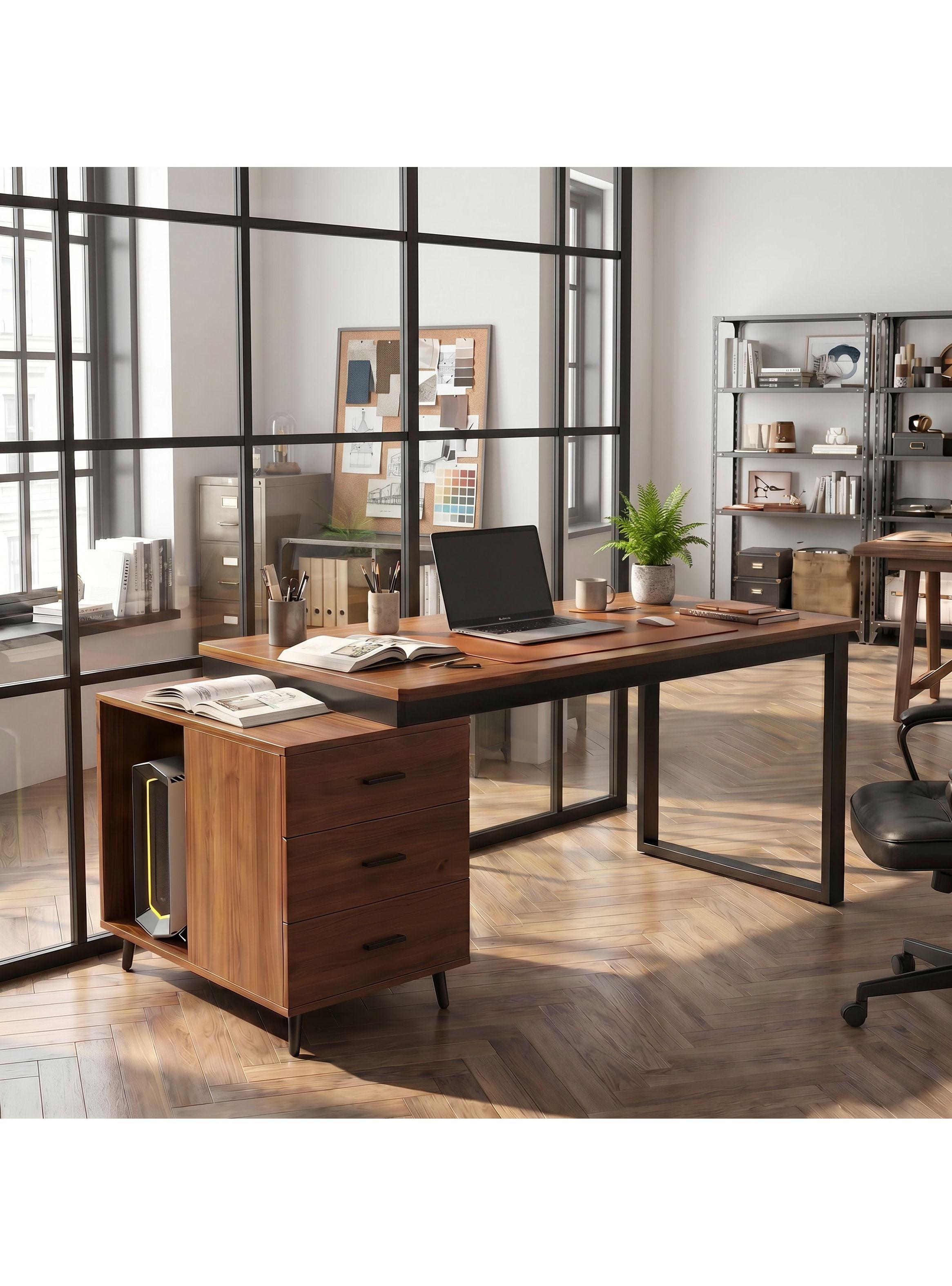Escritorio Moderno Con Cajoneras 140x60x75cm Para Oficina Marrón Oscuro-6
