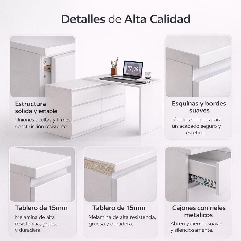 Escritorio Convertible En L+comoda 120x40x70+120x40x68cm Blanco-7