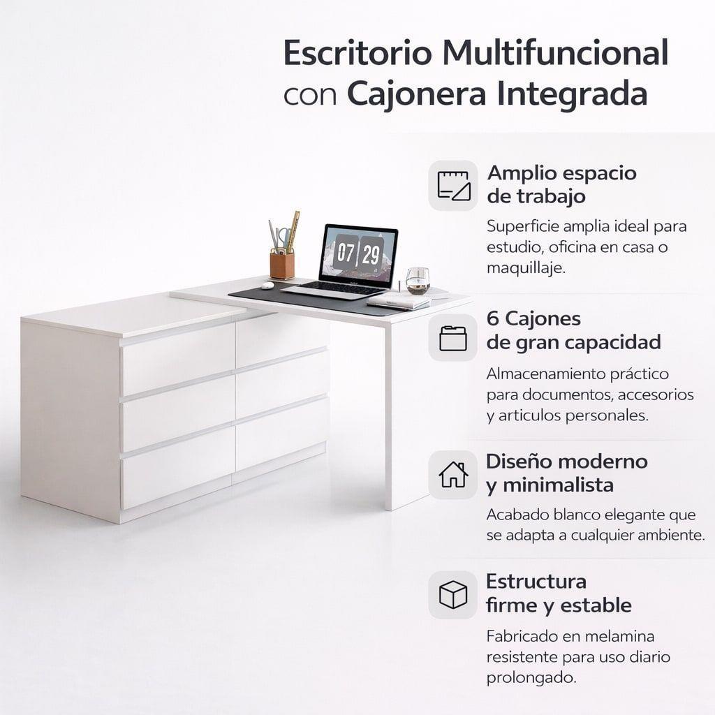 Escritorio Convertible En L+comoda 120x40x70+120x40x68cm Blanco-3