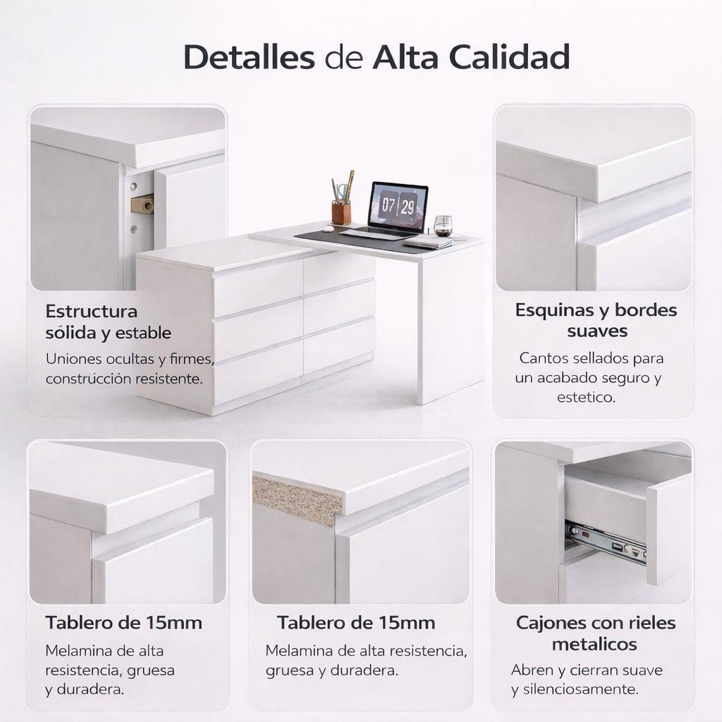 Escritorio Convertible En L+comoda 120x40x70+120x40x68cm Blanco-7
