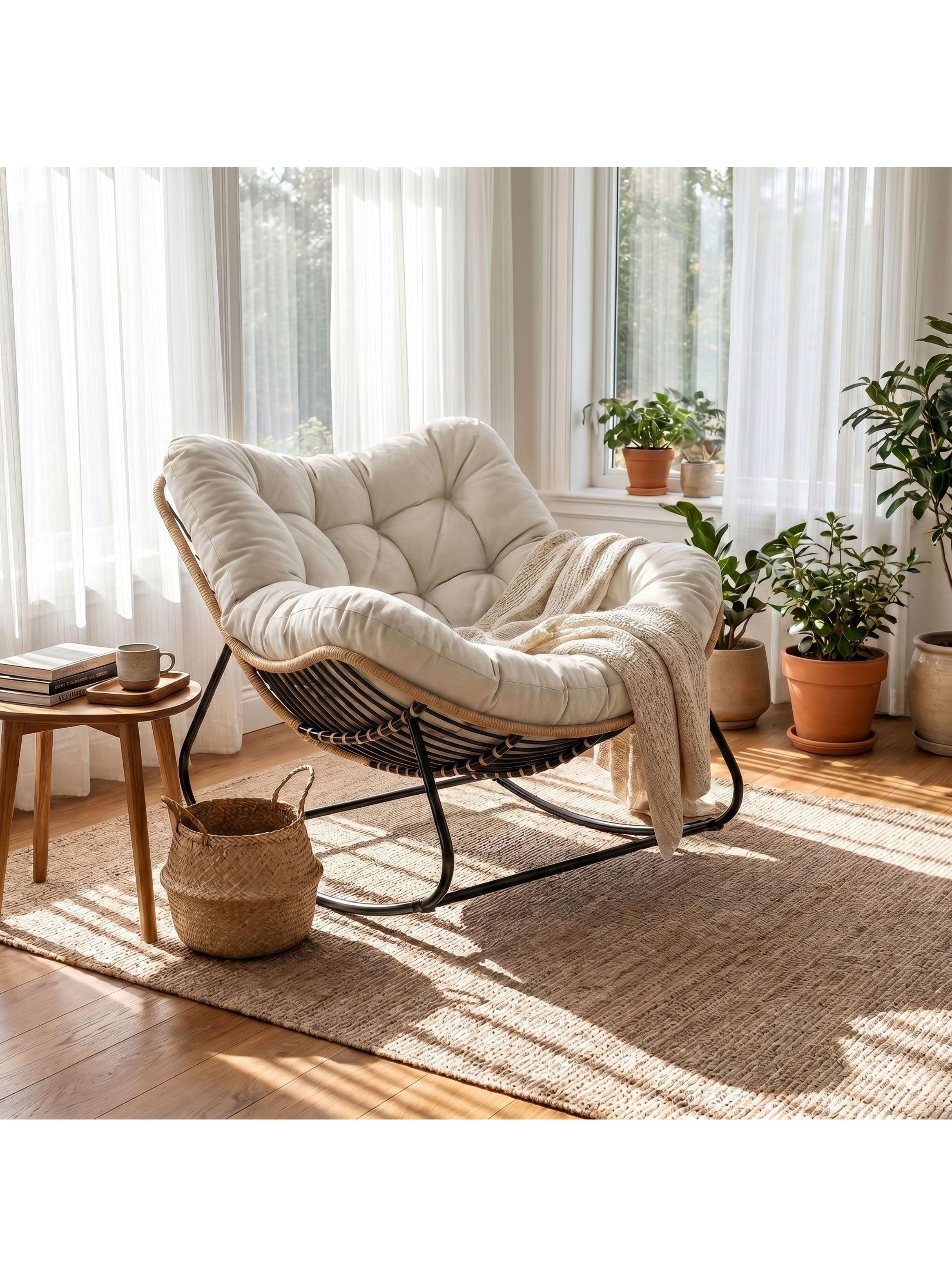 Sillon Mecedor Silla Mecedora Sitial Moderna Talla Xl Beige Liso-0