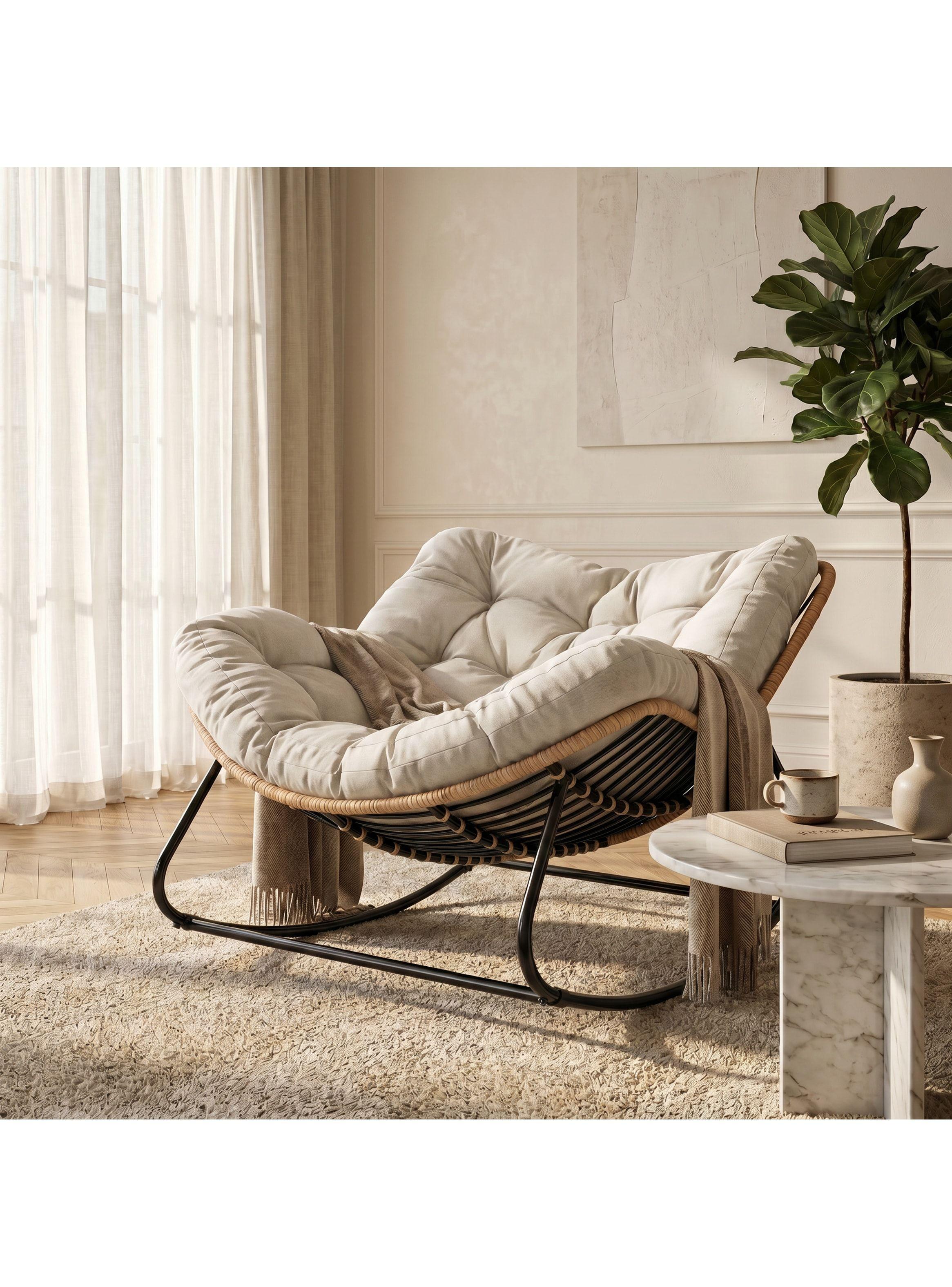 Sillon Mecedor Silla Mecedora Sitial Moderna Talla Xl Beige Liso-4