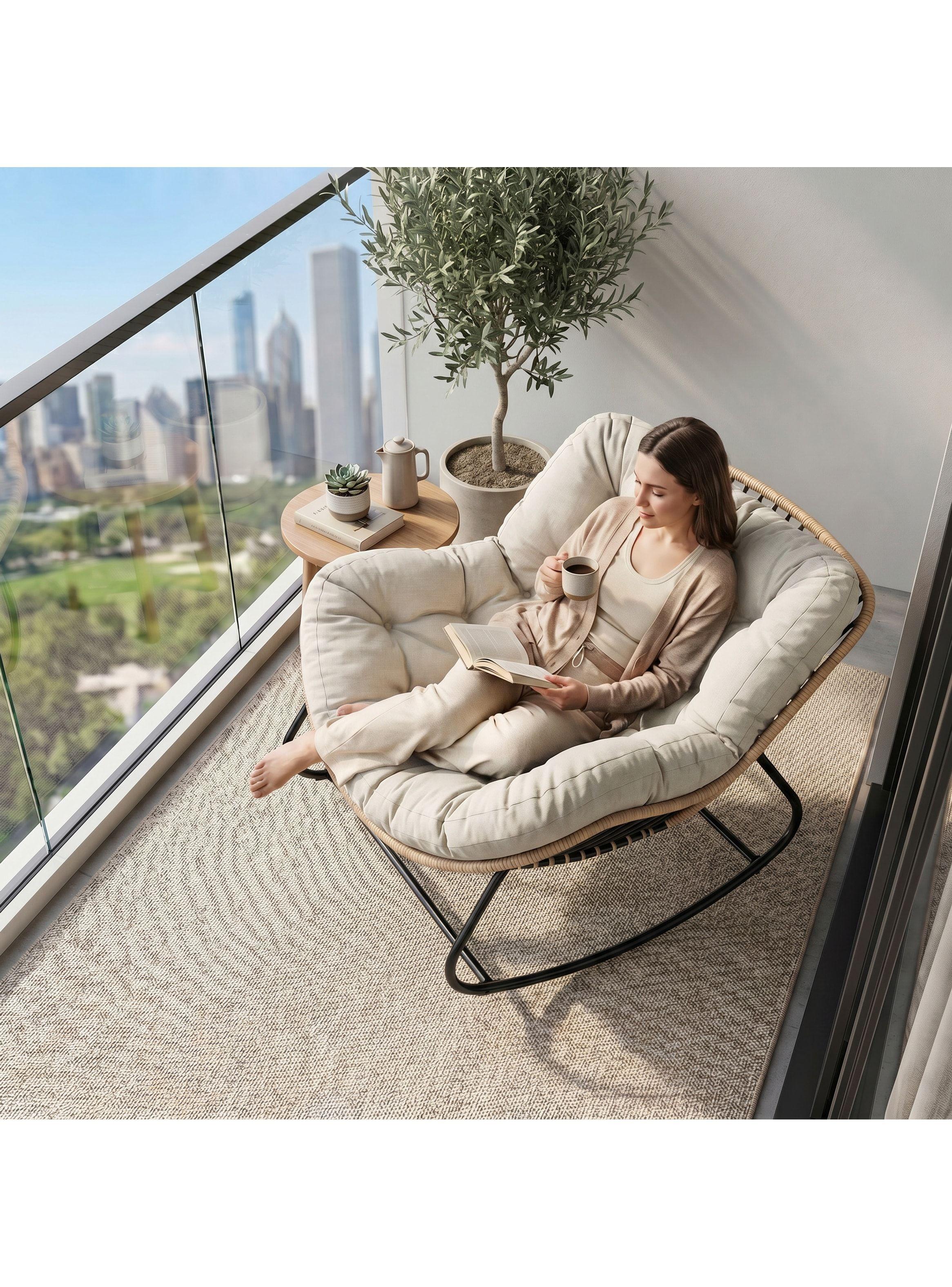 Sillon Mecedor Silla Mecedora Sitial Moderna Talla Xl Beige Liso-5
