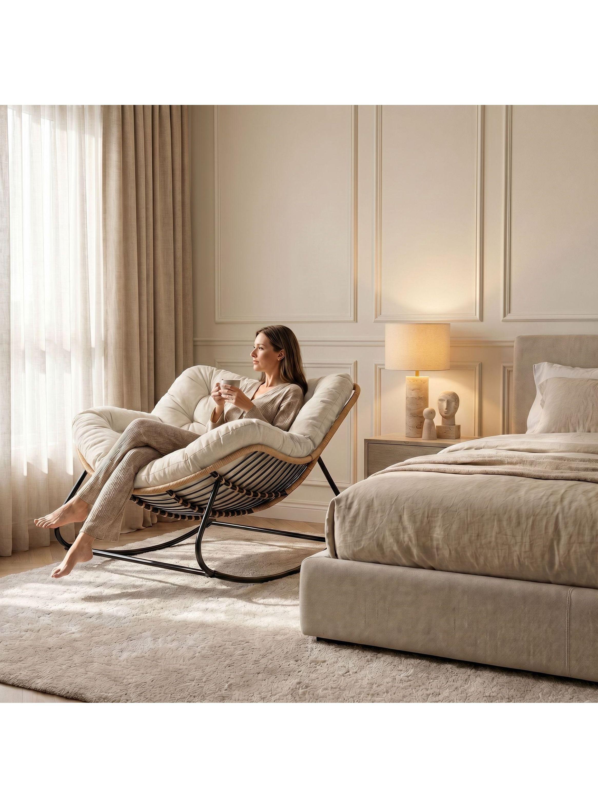 Sillon Mecedor Silla Mecedora Sitial Moderna Talla Xl Beige Liso-7
