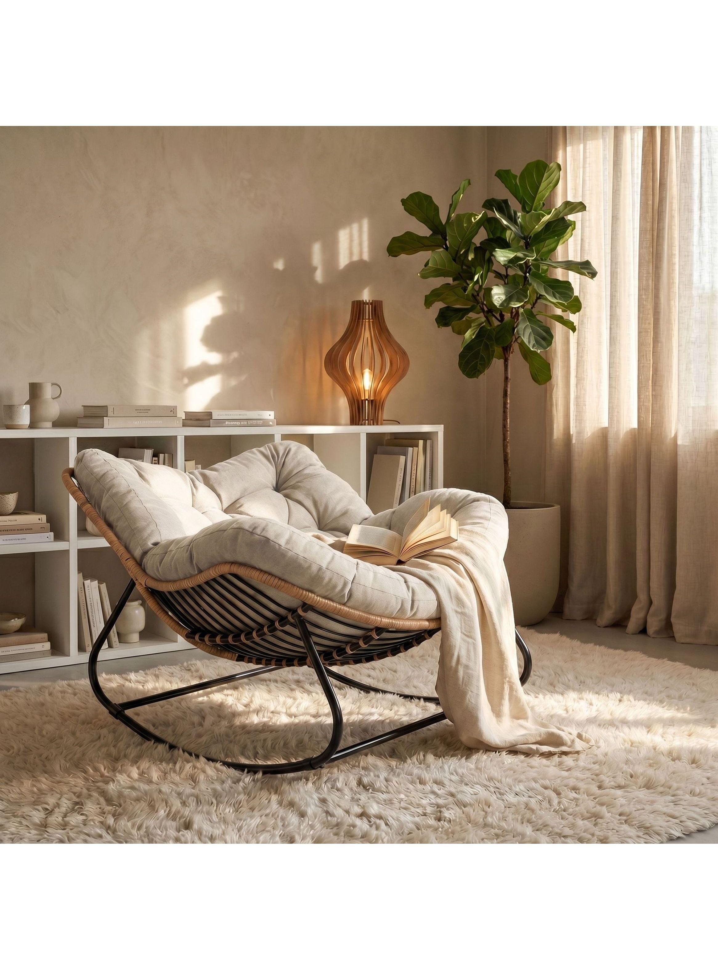 Sillon Mecedor Silla Mecedora Sitial Moderna Talla Xl Beige Liso-8