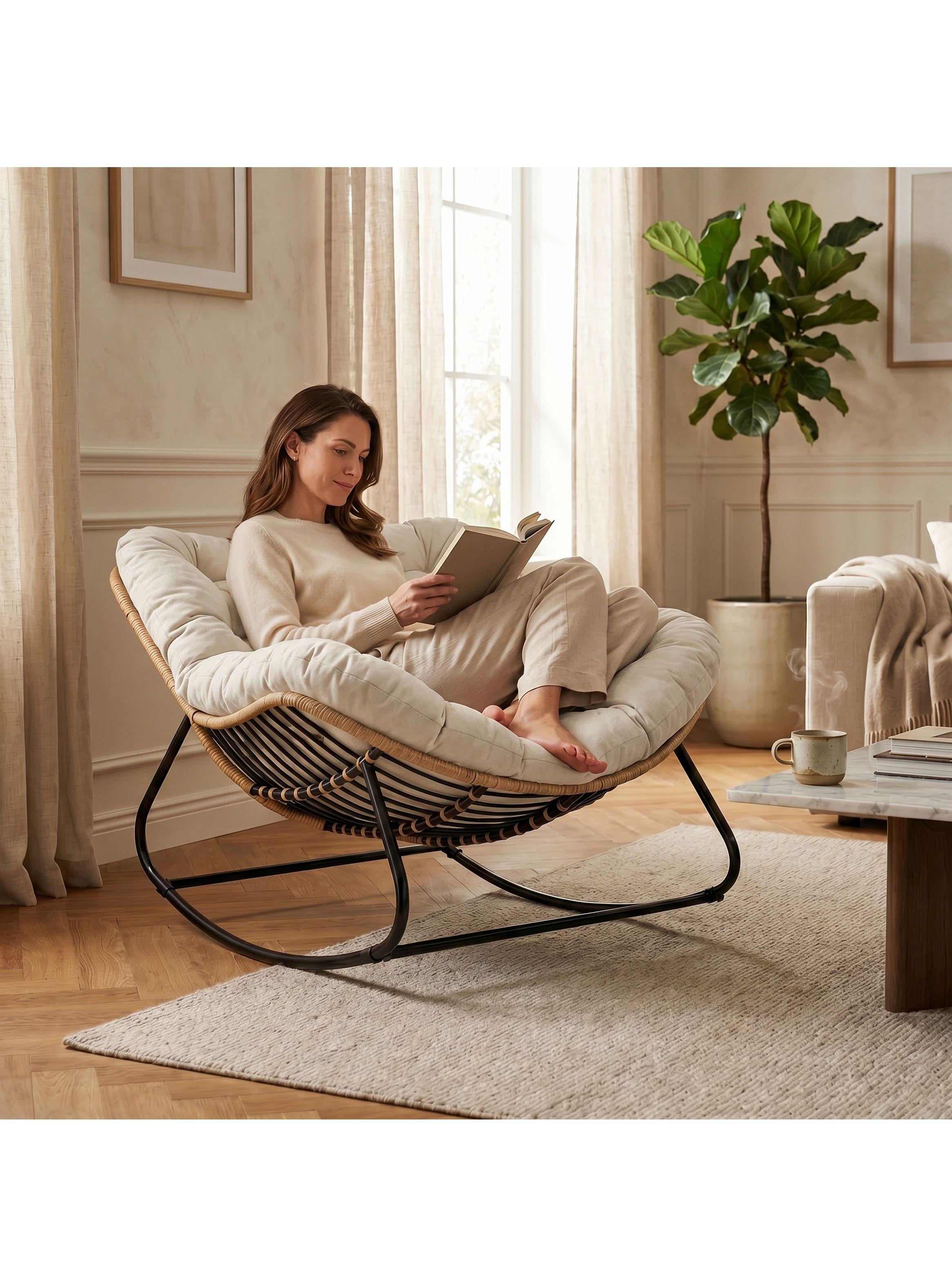 Sillon Mecedor Silla Mecedora Sitial Moderna Talla Xl Beige Liso-9