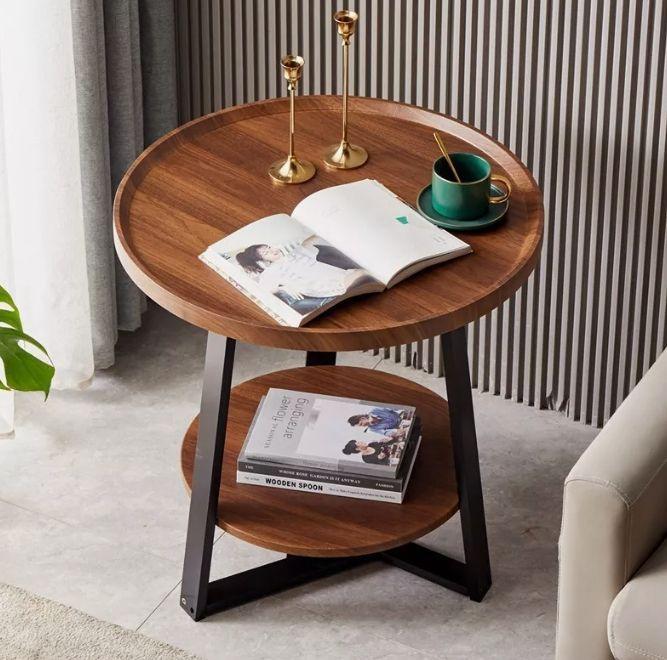 Mesa De Centro Lateral Living Redonda Doble Madera Nactural-4
