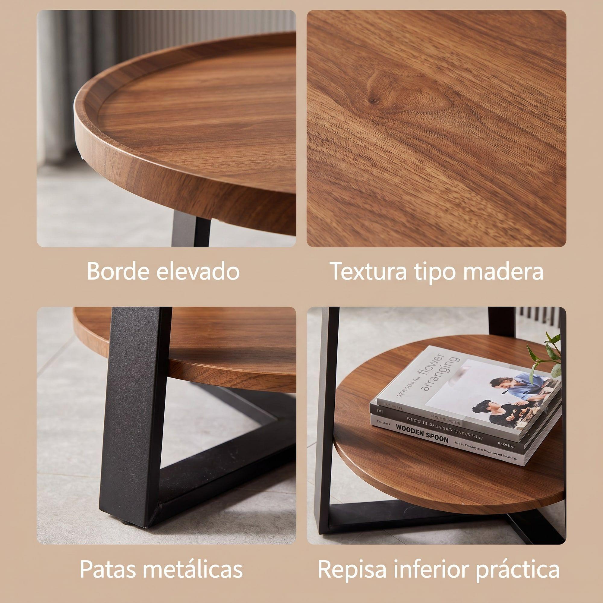 Mesa De Centro Lateral Living Redonda Doble Madera Nactural-3