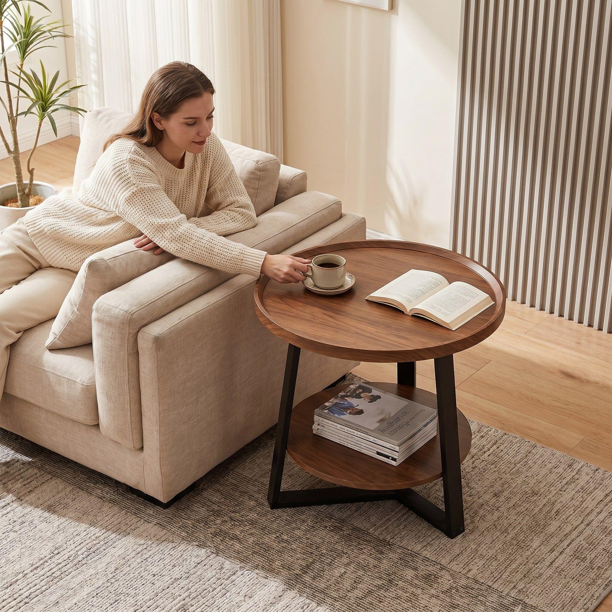Mesa De Centro Lateral Living Redonda Doble Madera Nactural-4