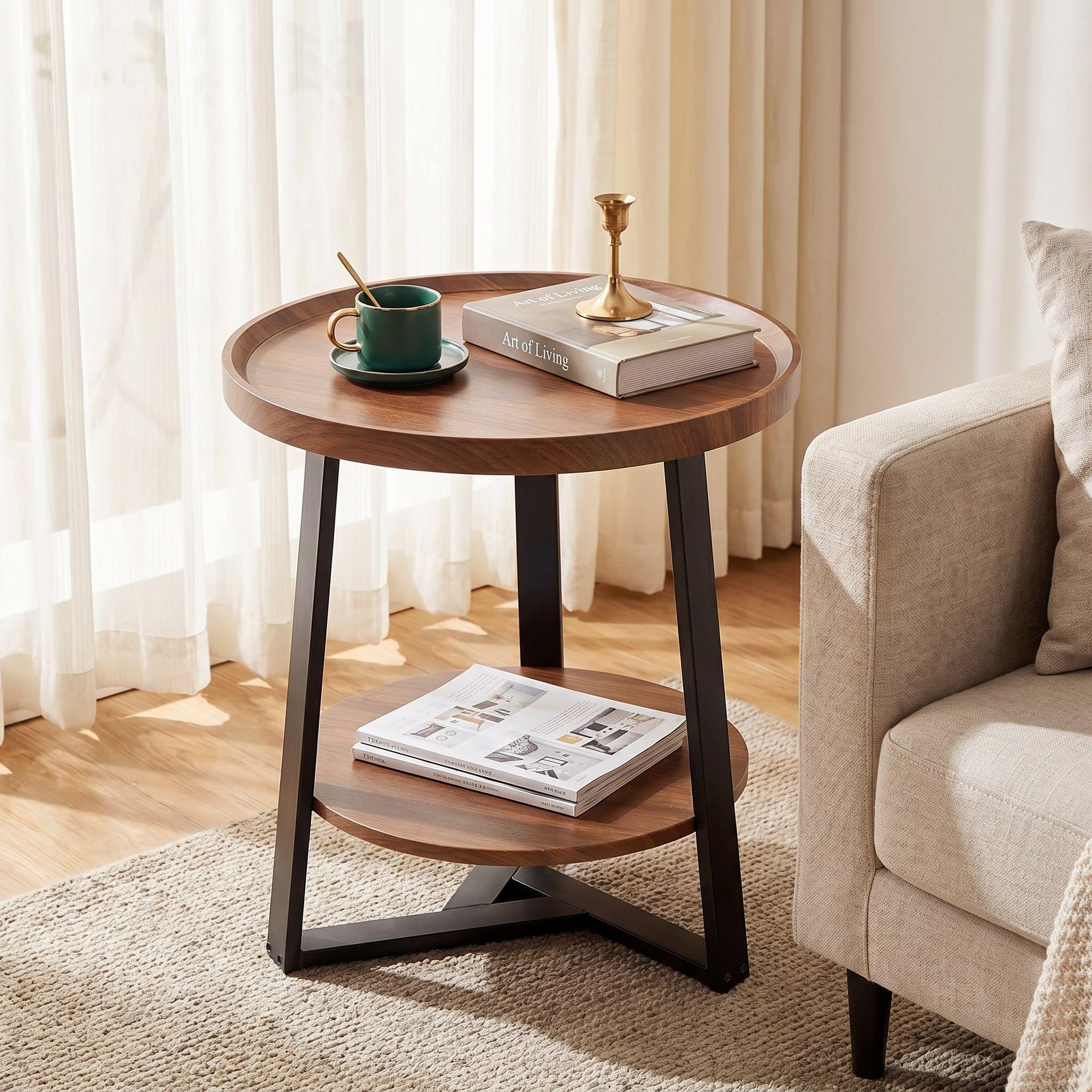 Mesa De Centro Lateral Living Redonda Doble Madera Nactural-5