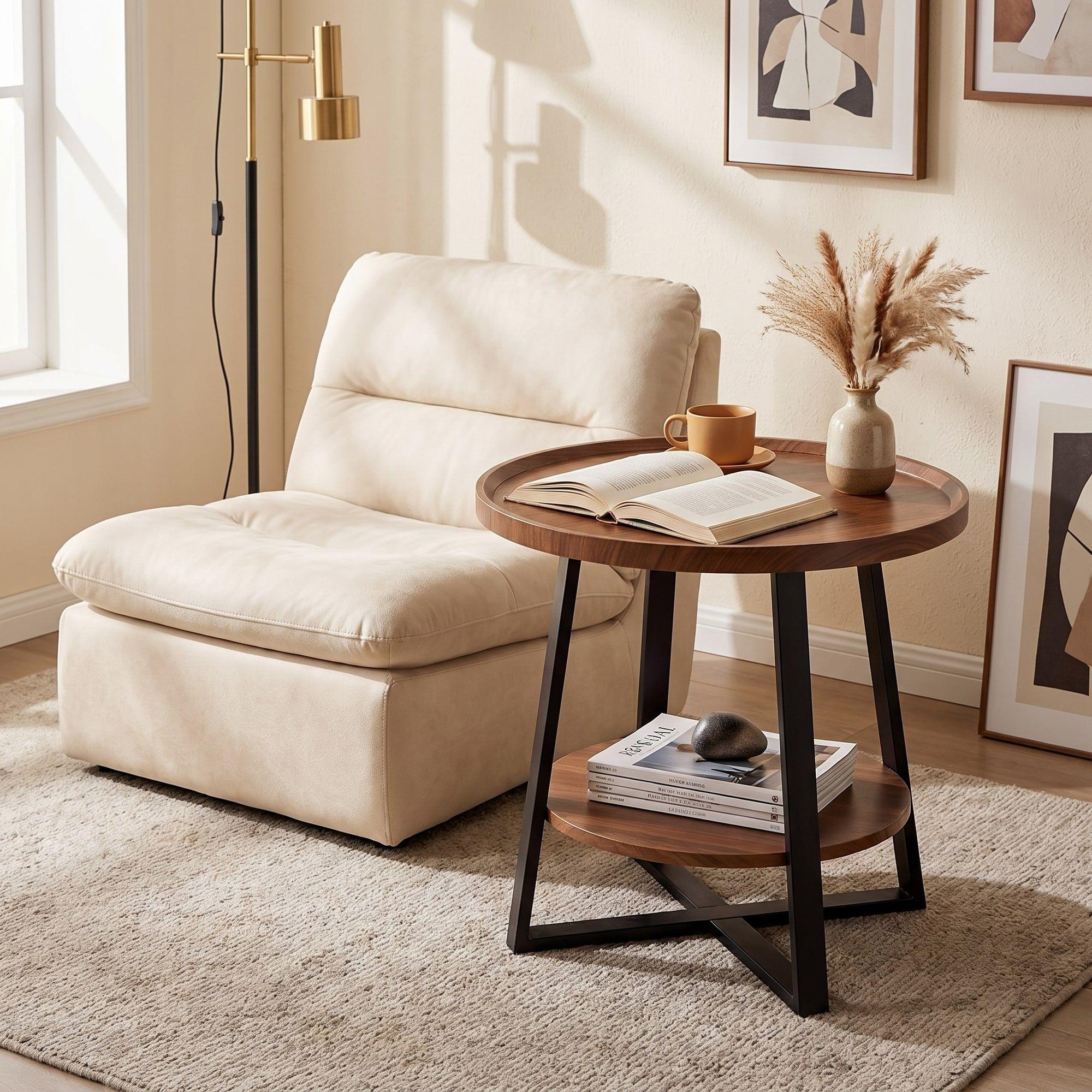 Mesa De Centro Lateral Living Redonda Doble Madera Nactural-6