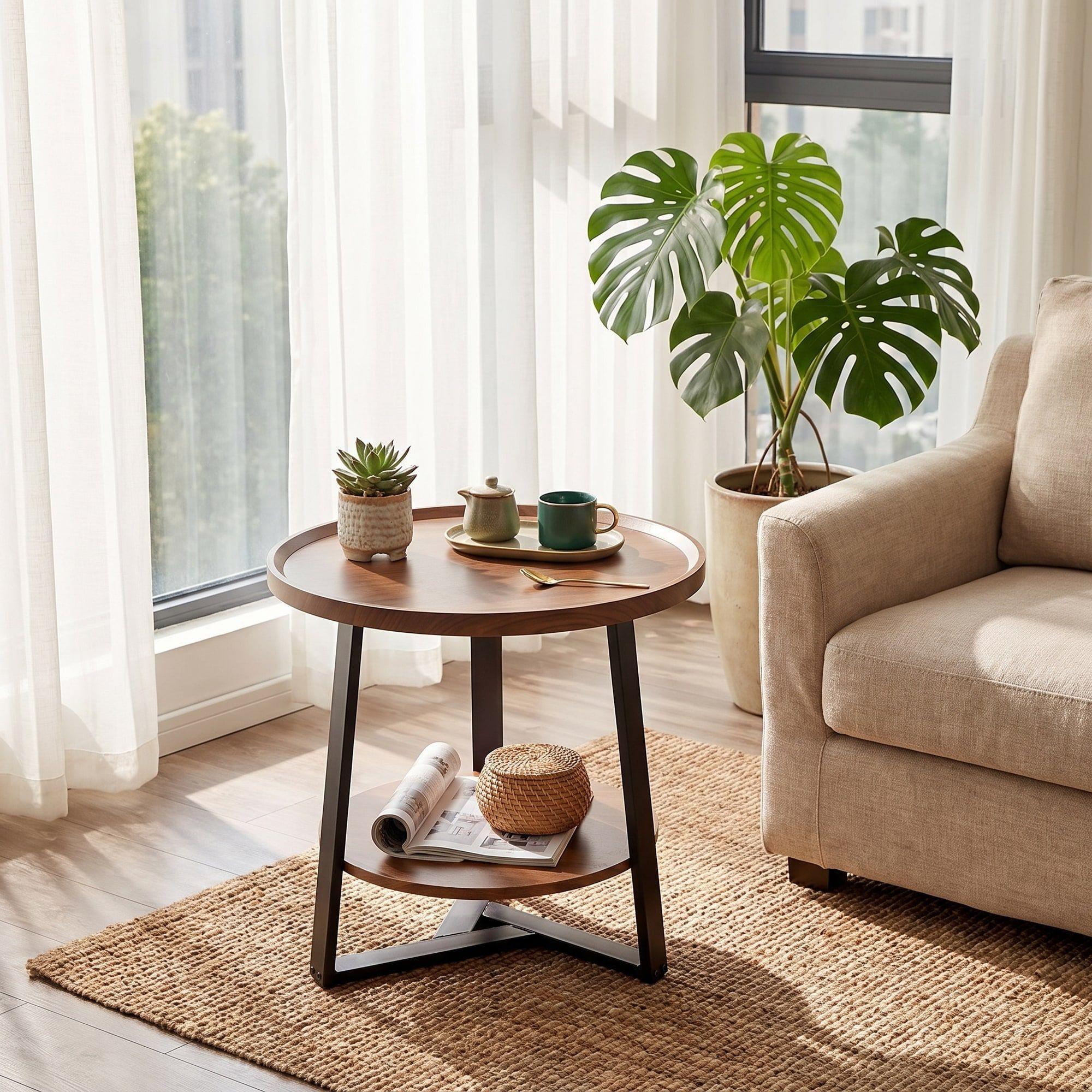 Mesa De Centro Lateral Living Redonda Doble Madera Nactural-7