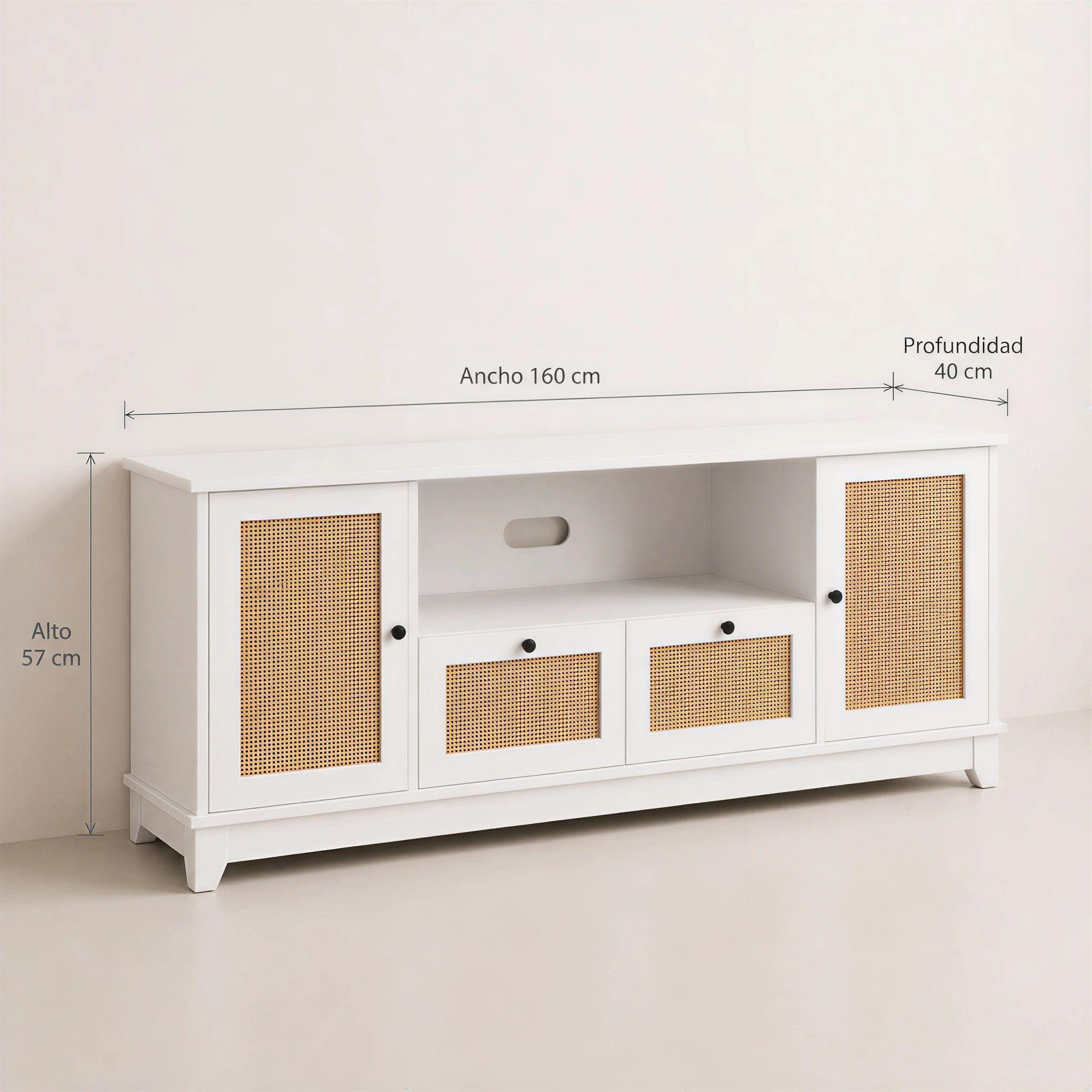 Rack Tv Xl Moderno 160x40x57cm 2 Tiras 2 Puerta Tejido Blanco-2