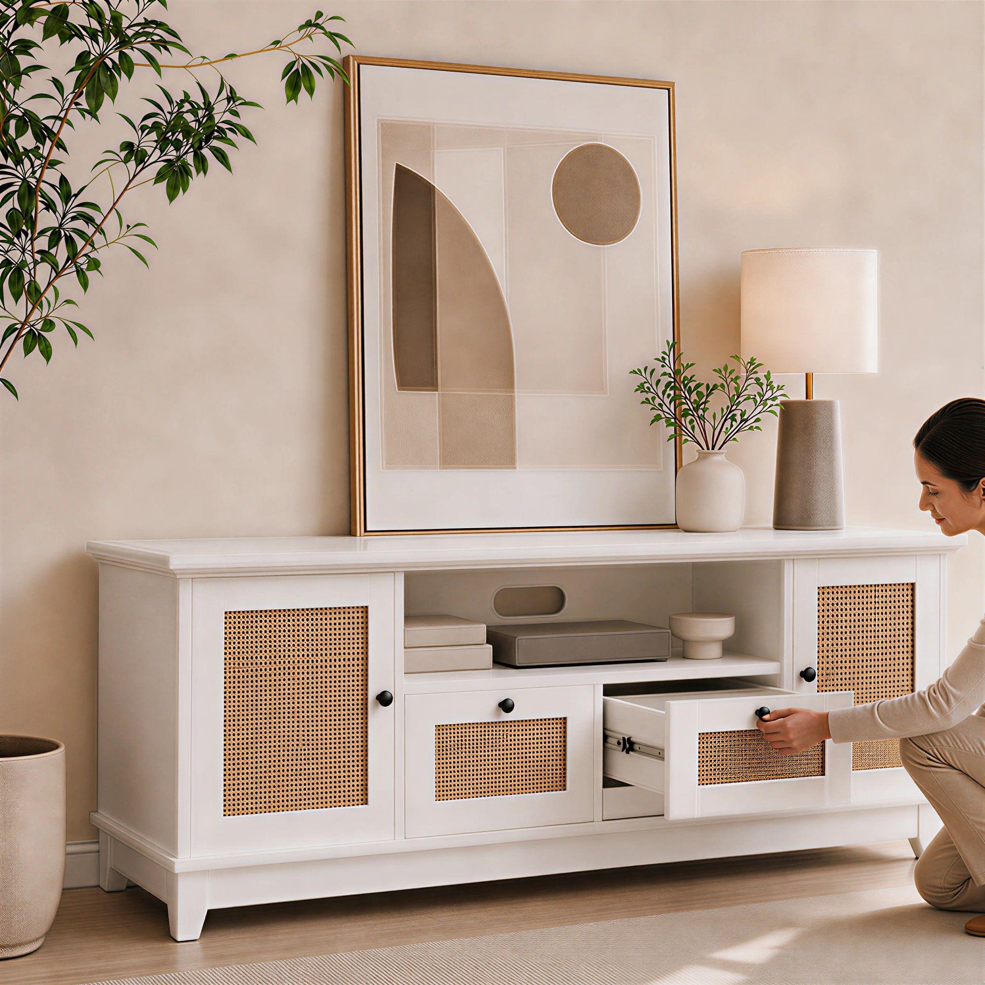 Rack Tv Xl Moderno 160x40x57cm 2 Tiras 2 Puerta Tejido Blanco-5