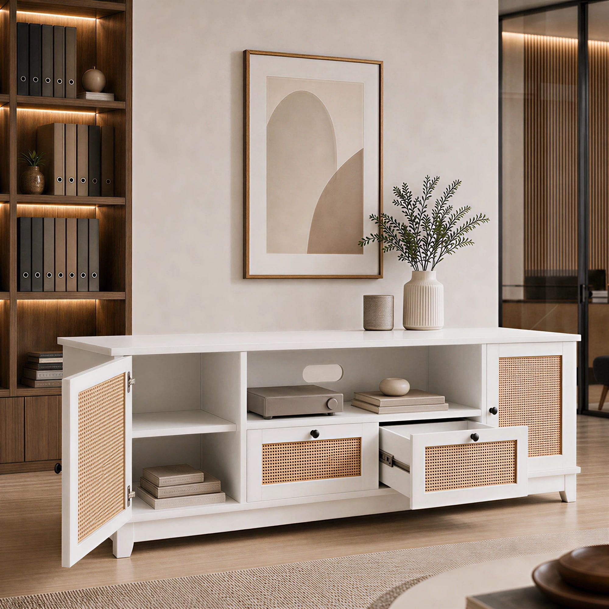 Rack Tv Xl Moderno 160x40x57cm 2 Tiras 2 Puerta Tejido Blanco-7