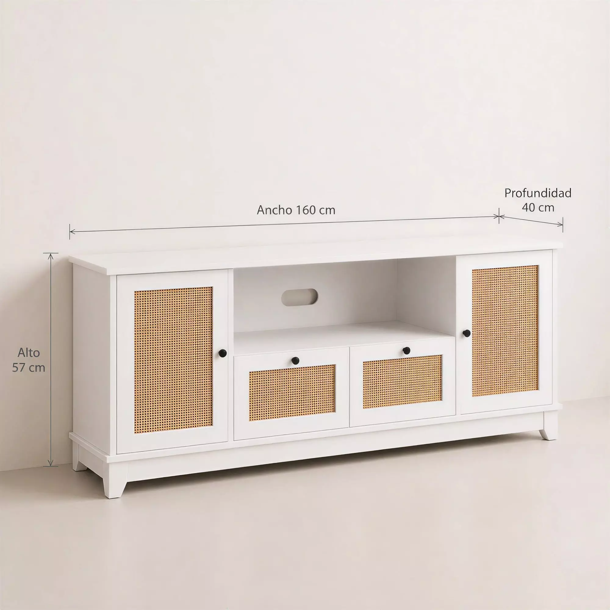 Rack Tv Xl Moderno 160x40x57cm 2 Tiras 2 Puerta Tejido Blanco-2