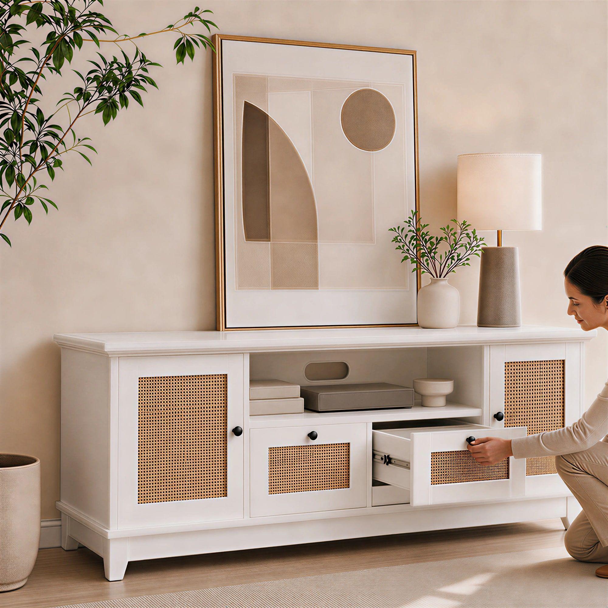 Rack Tv Xl Moderno 160x40x57cm 2 Tiras 2 Puerta Tejido Blanco-5
