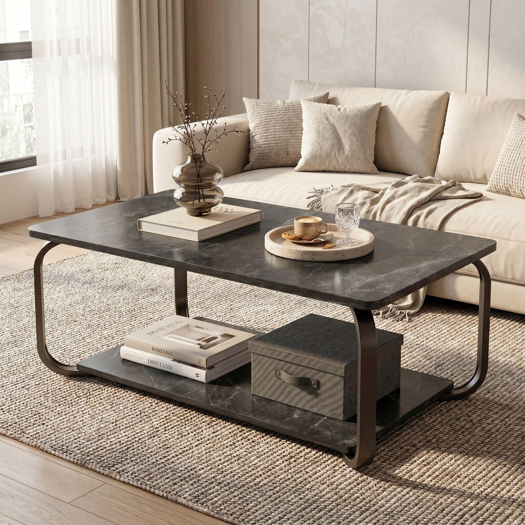 Mesa De Centro Moderna Minimalista 2 Niveles 100x48x43 Negro-0