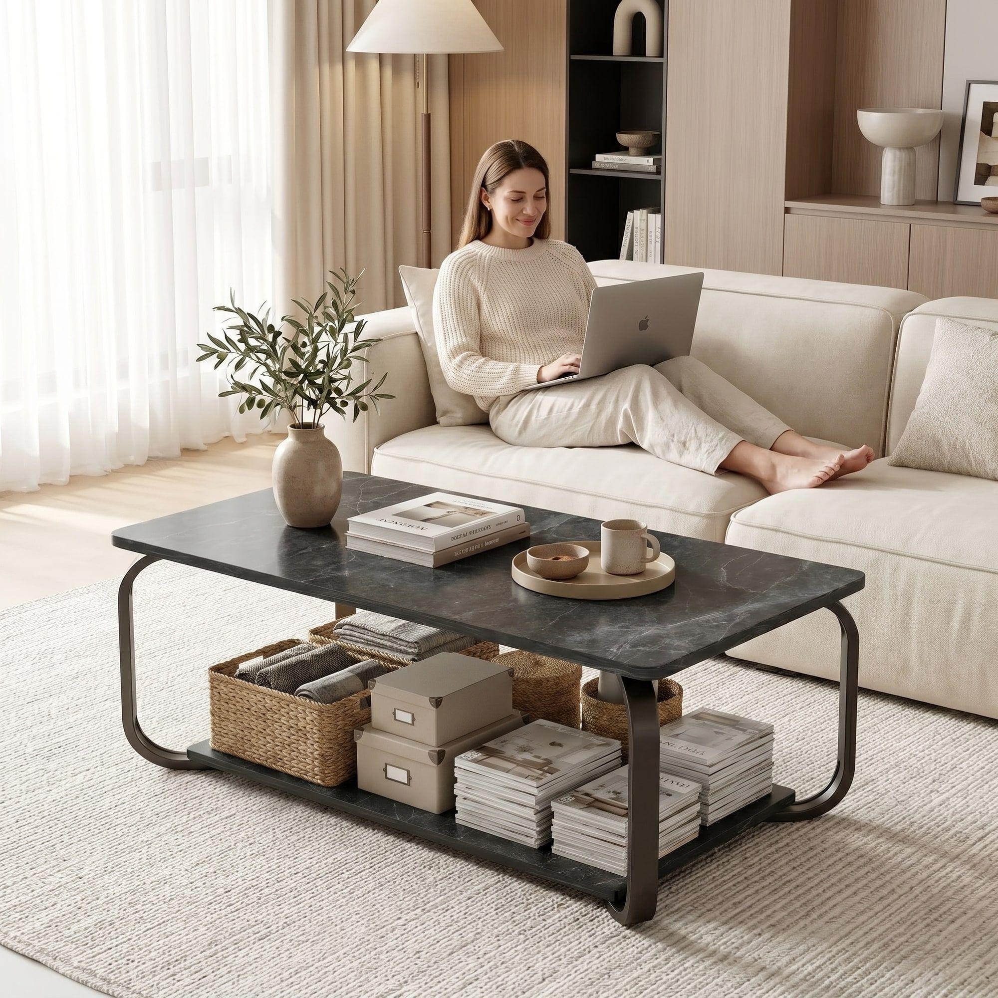 Mesa De Centro Moderna Minimalista 2 Niveles 100x48x43 Negro-5
