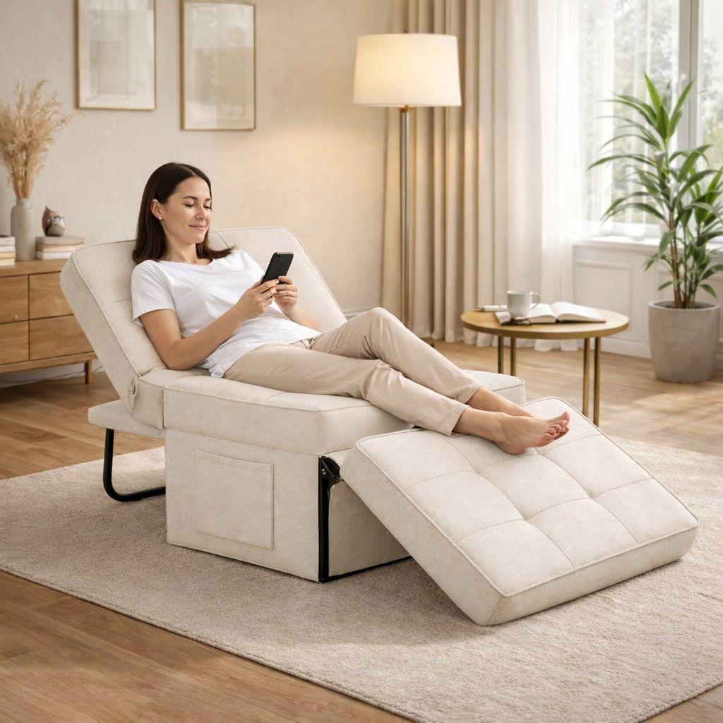Sofá Cama Multifuncional 4 Modos Reclinable 4en1 Convertible Beige Liso-2