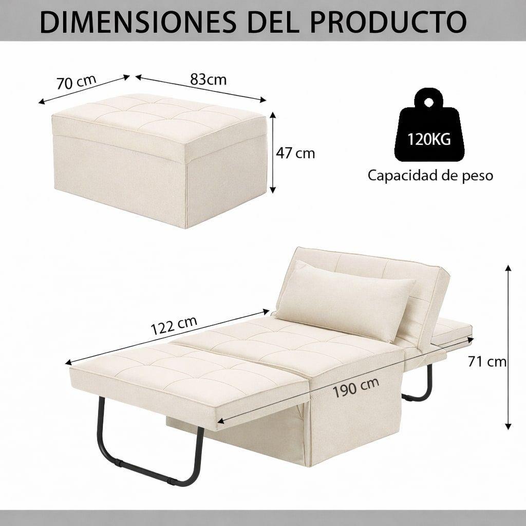 Sofá Cama Multifuncional 4 Modos Reclinable 4en1 Convertible Beige Liso-6