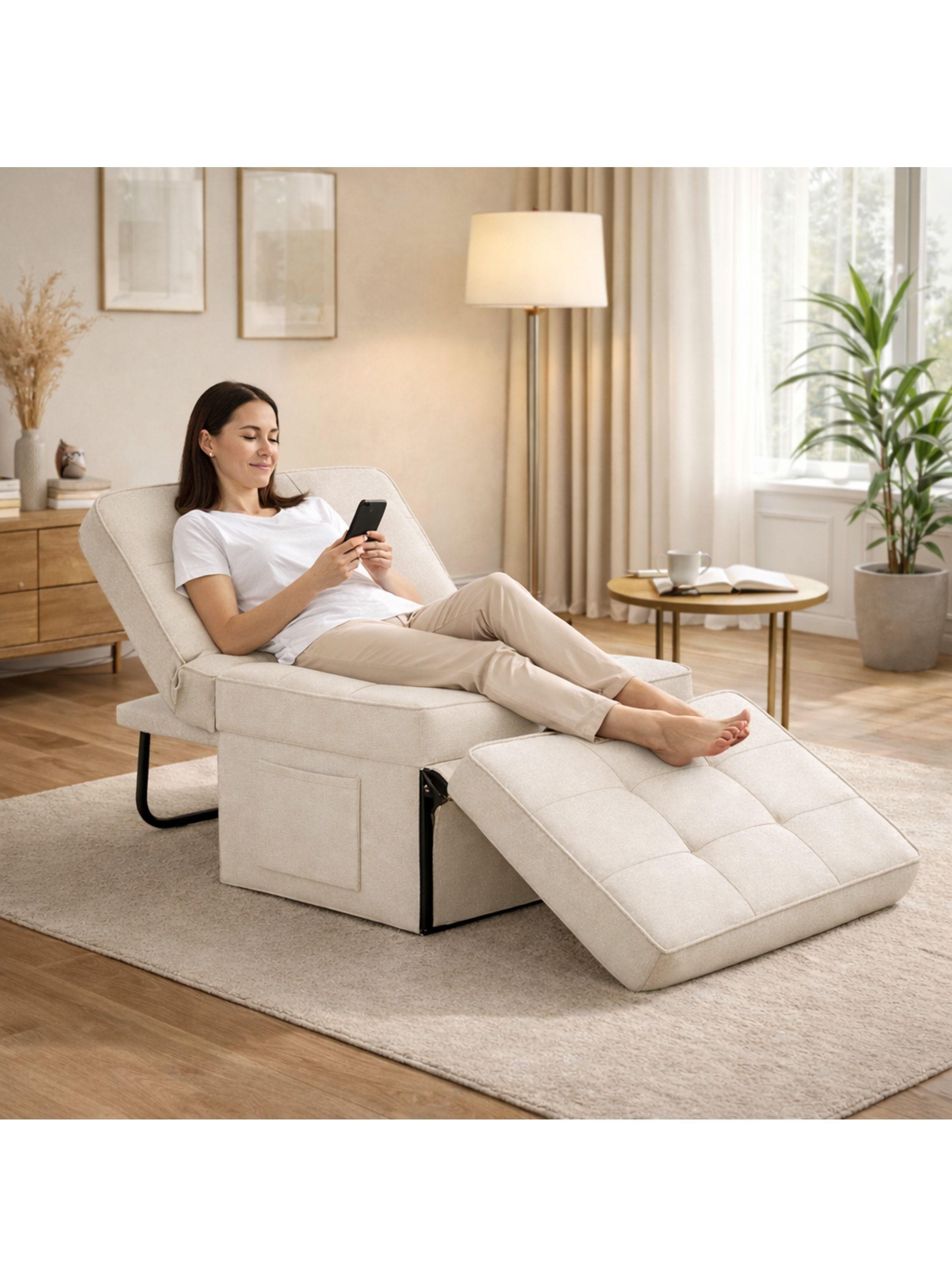 Sofá Cama Multifuncional 4 Modos Reclinable 4en1 Convertible Beige Liso-2