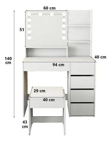 Tocador Con Taburete Luz Hollywood Y Cajonera 140x90x40cm Color Blanco-5