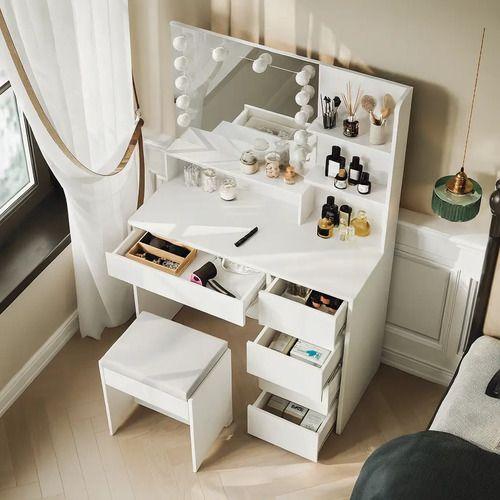 Tocador Con Taburete Luz Hollywood Y Cajonera 140x90x40cm Color Blanco-6